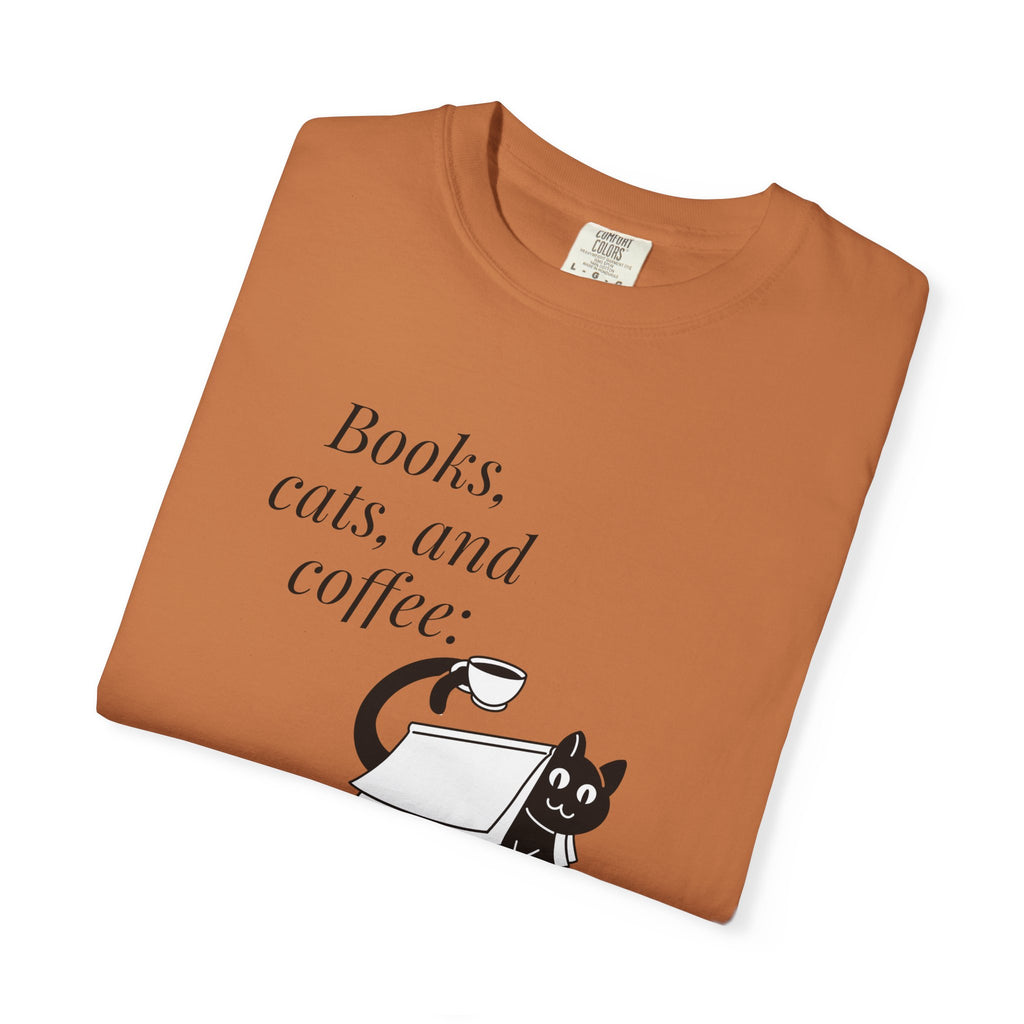 Books, Cats, and Coffee T-Shirt — "Perfect Trio" Cozy Reader Tee
