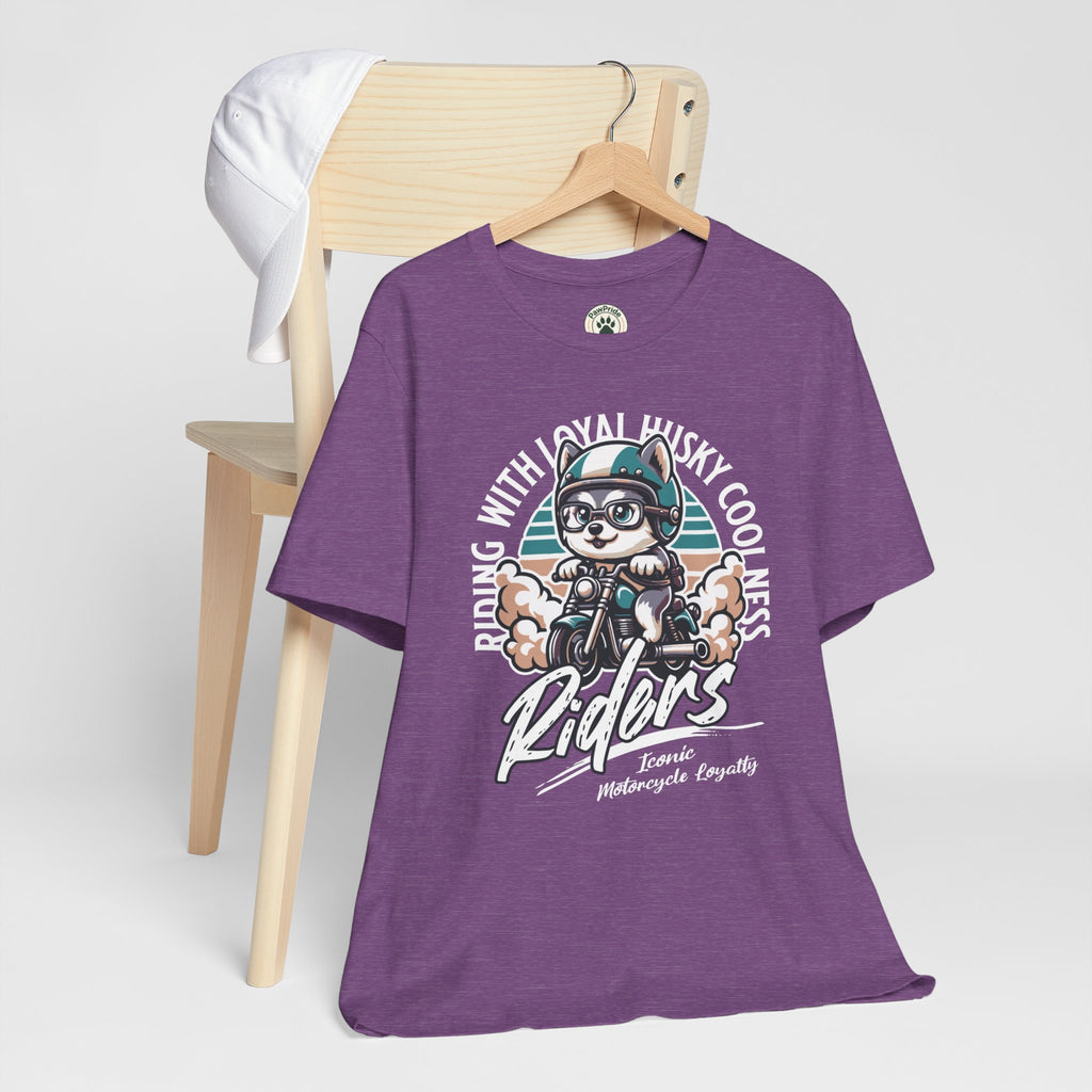 Riders Cat Motorcycle Tee — "Riding With Loyal Husky Coolness" Graphic Shirt