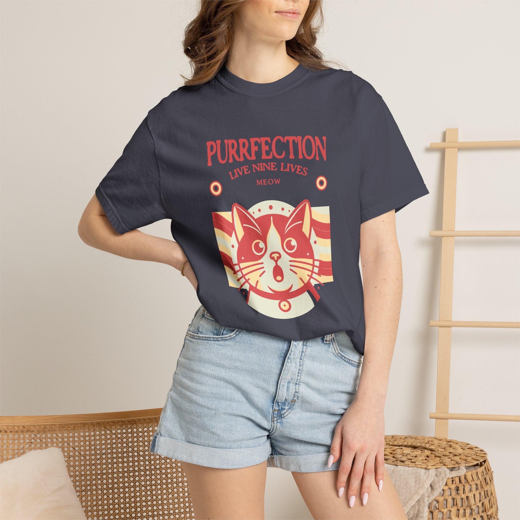 Purrfection Cat T-Shirt — "Purrfection Lives Nine Lives" Retro Cat Graphic Tee