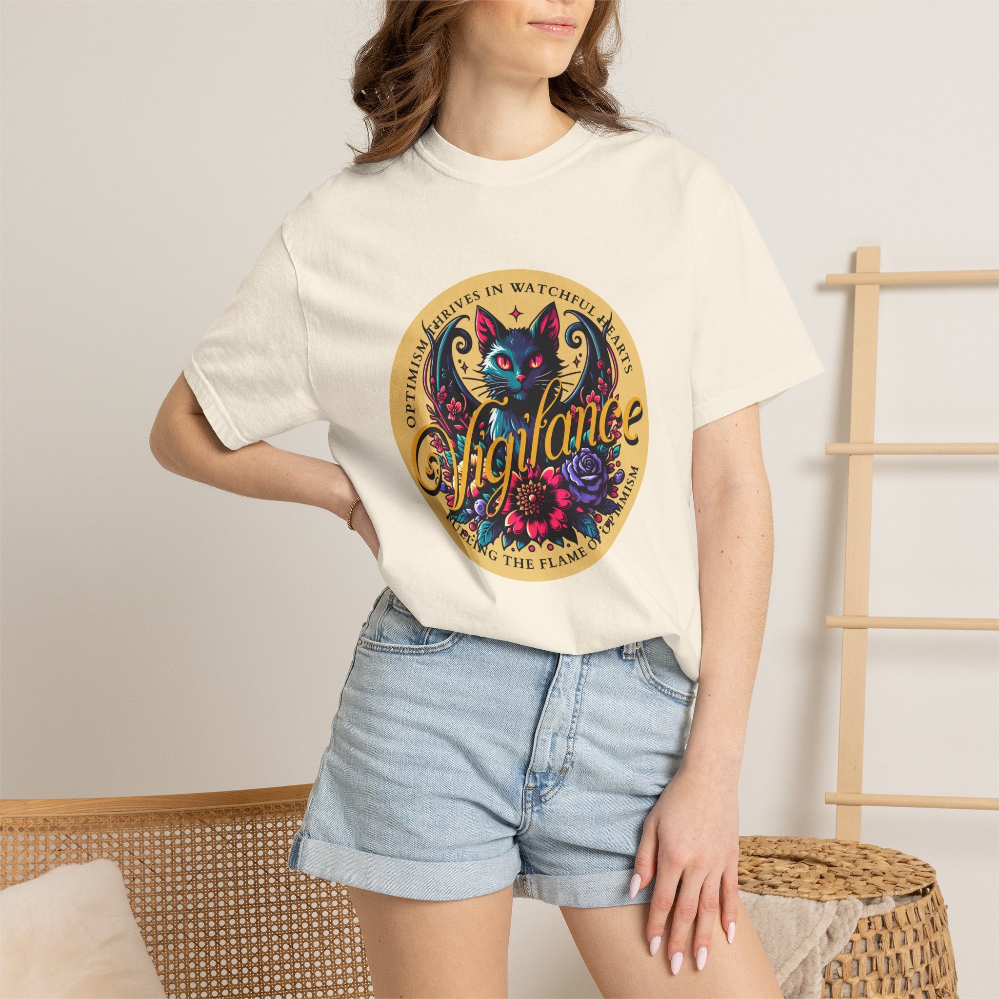 Vigilance Cat Graphic T-Shirt — Retro Floral Crest Tee
