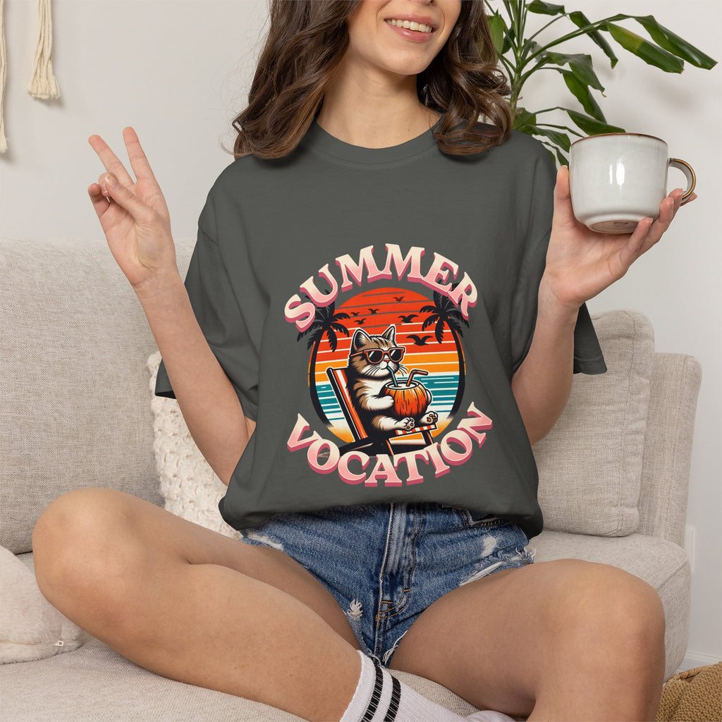 Summer Vacation T‑Shirt — Retro Cat on Beach Graphic