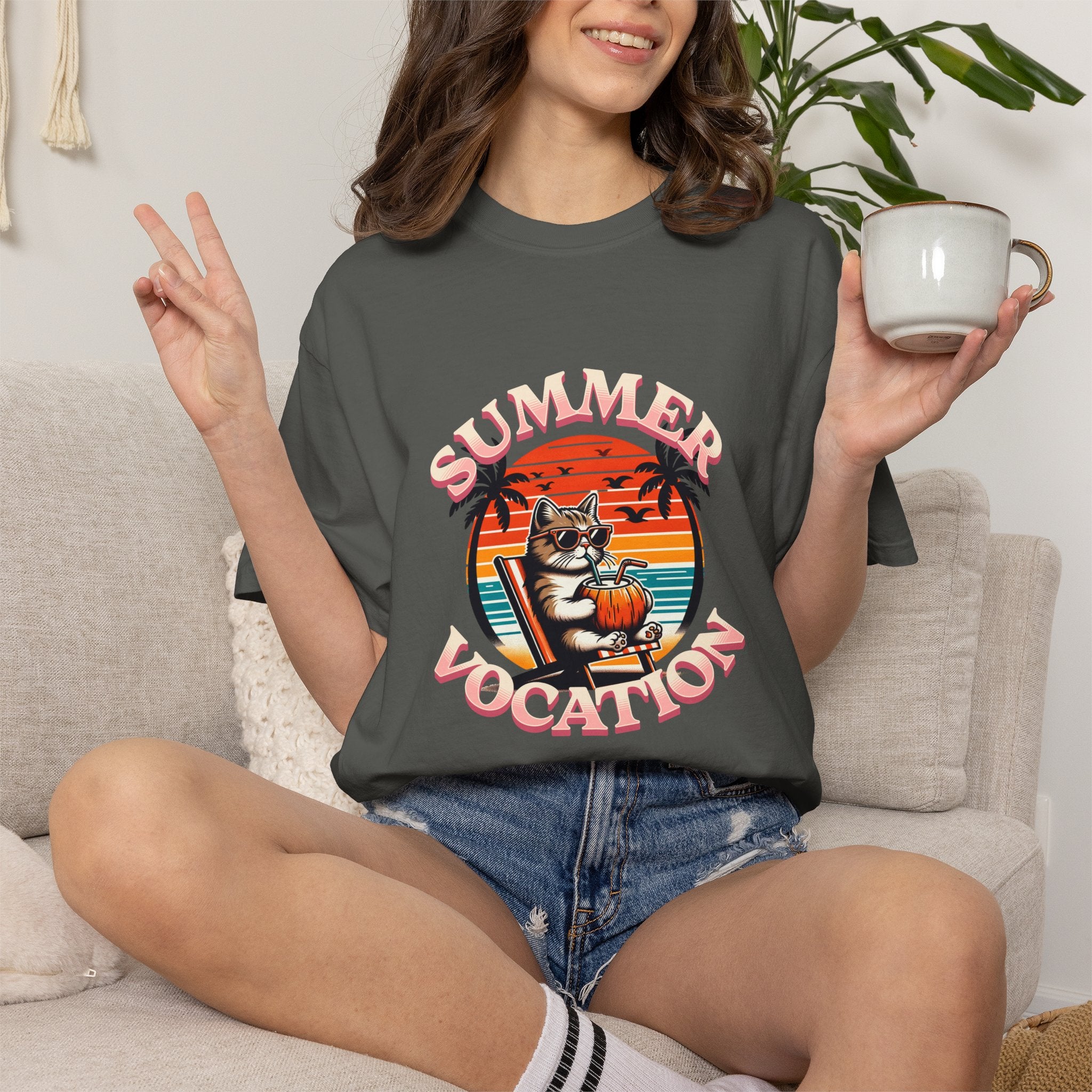 Summer Vacation T‑Shirt — Retro Cat on Beach Graphic