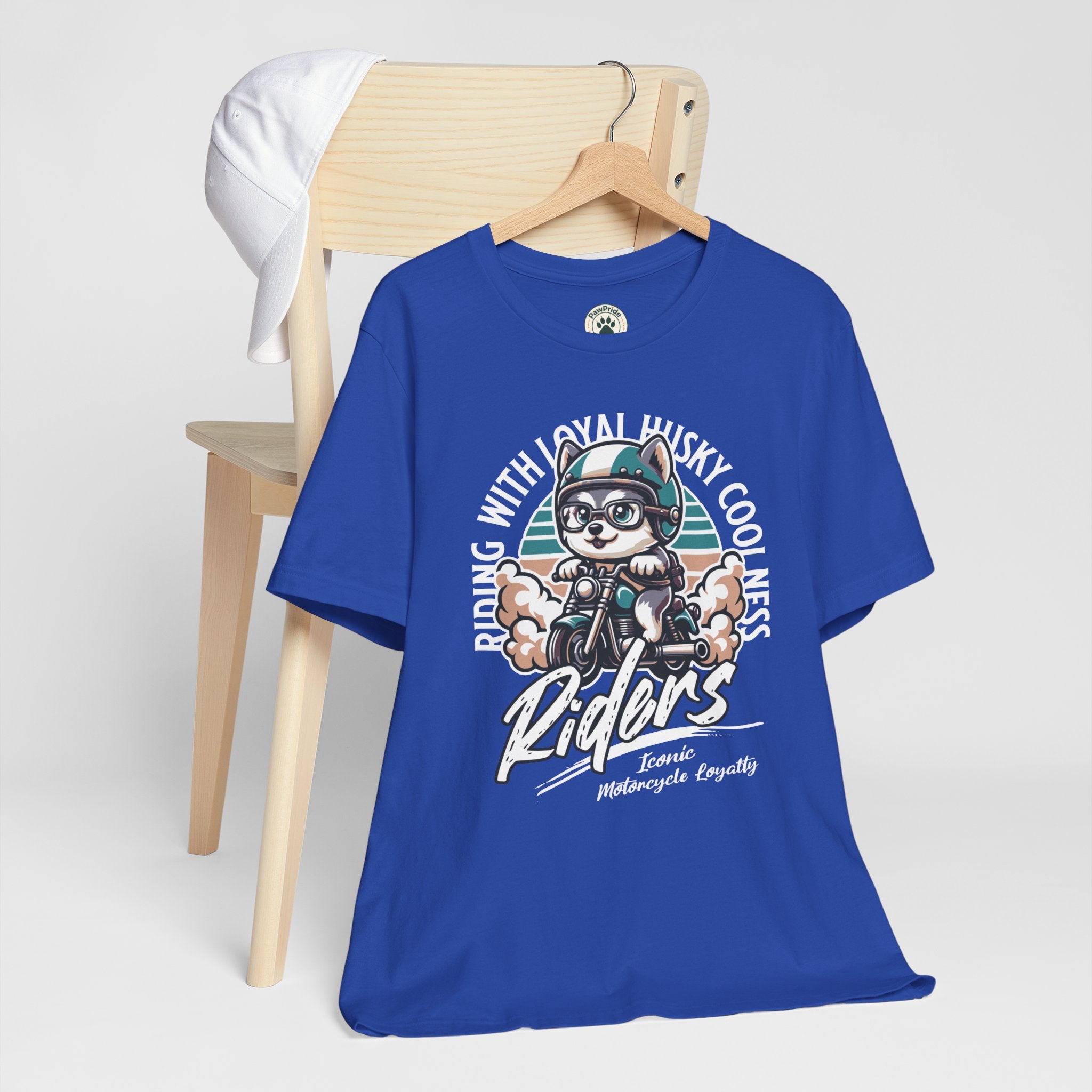 Riders Cat Motorcycle Tee — "Riding With Loyal Husky Coolness" Graphic Shirt