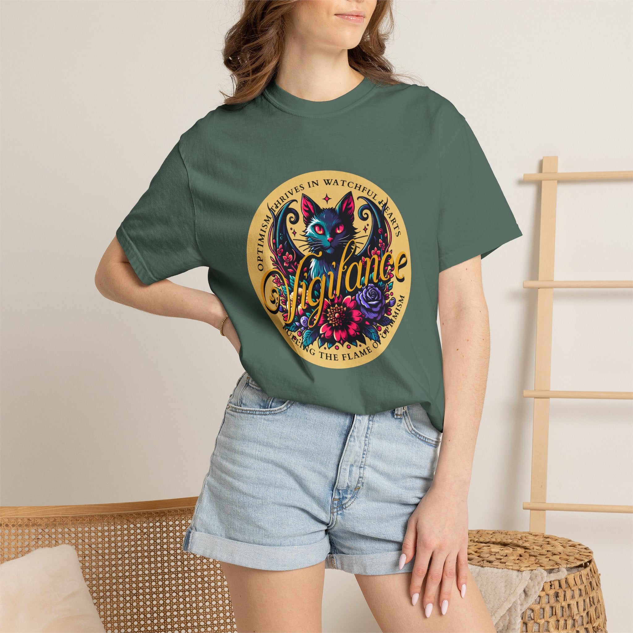 Vigilance Cat Graphic T-Shirt — Retro Floral Crest Tee