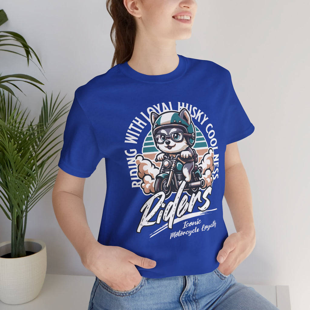 Riders Cat Motorcycle Tee — "Riding With Loyal Husky Coolness" Graphic Shirt