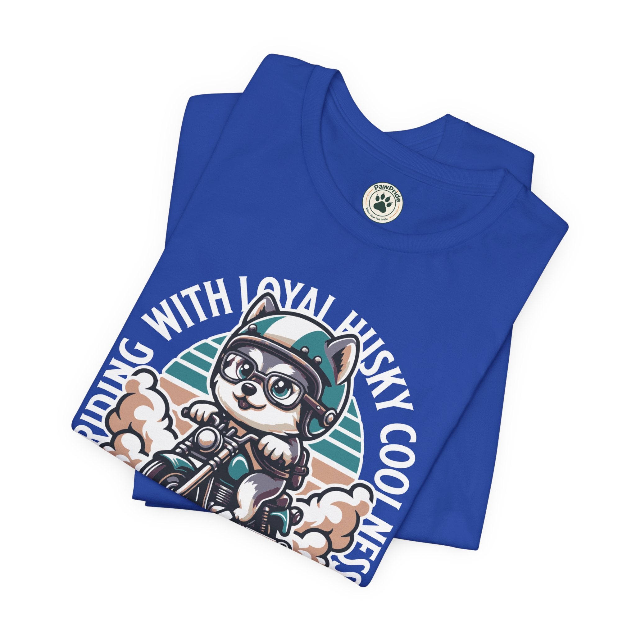 Riders Cat Motorcycle Tee — "Riding With Loyal Husky Coolness" Graphic Shirt