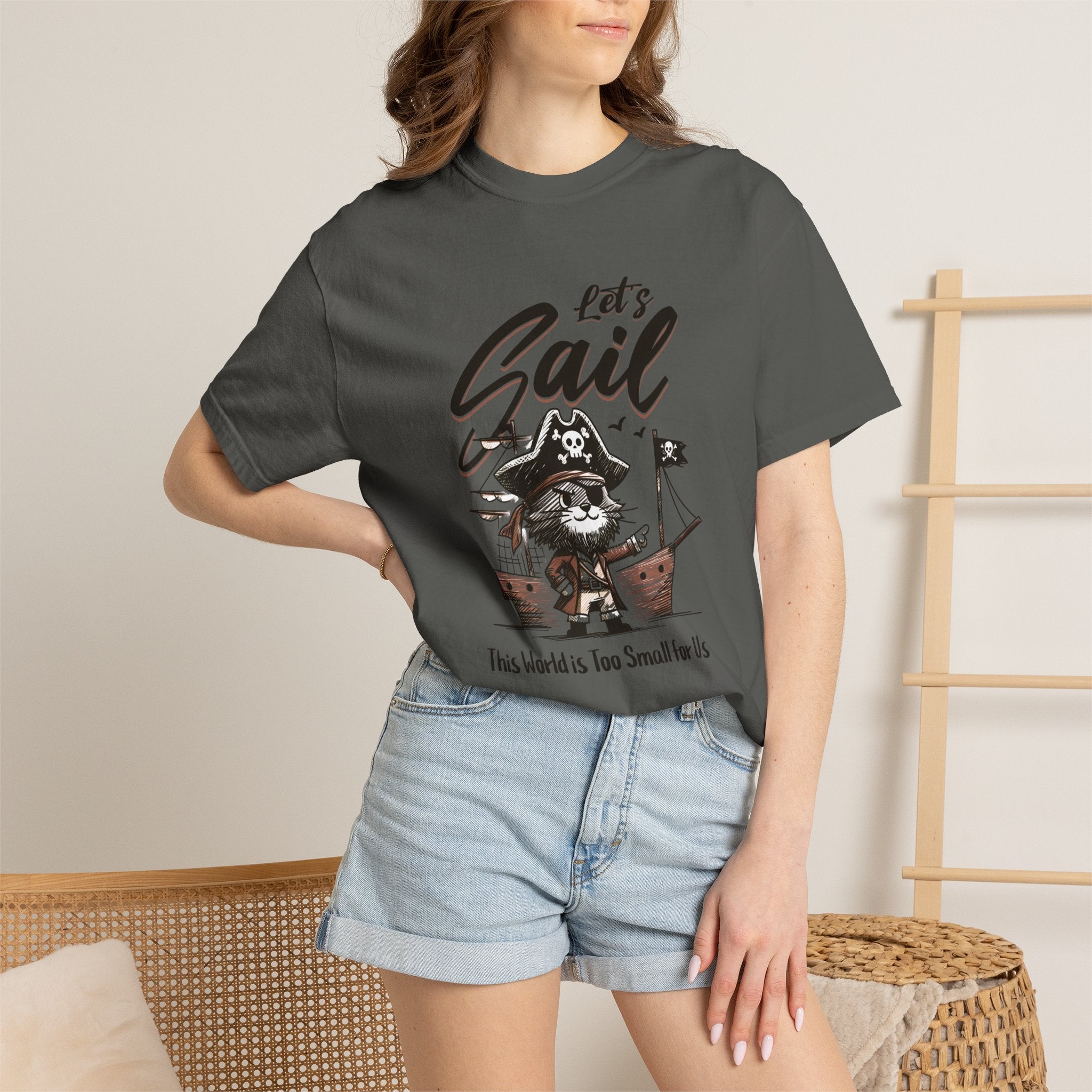 Let's Sail Pirate Cat T-Shirt — "This World Is Too Small For Us" Vintage Nautical Tee