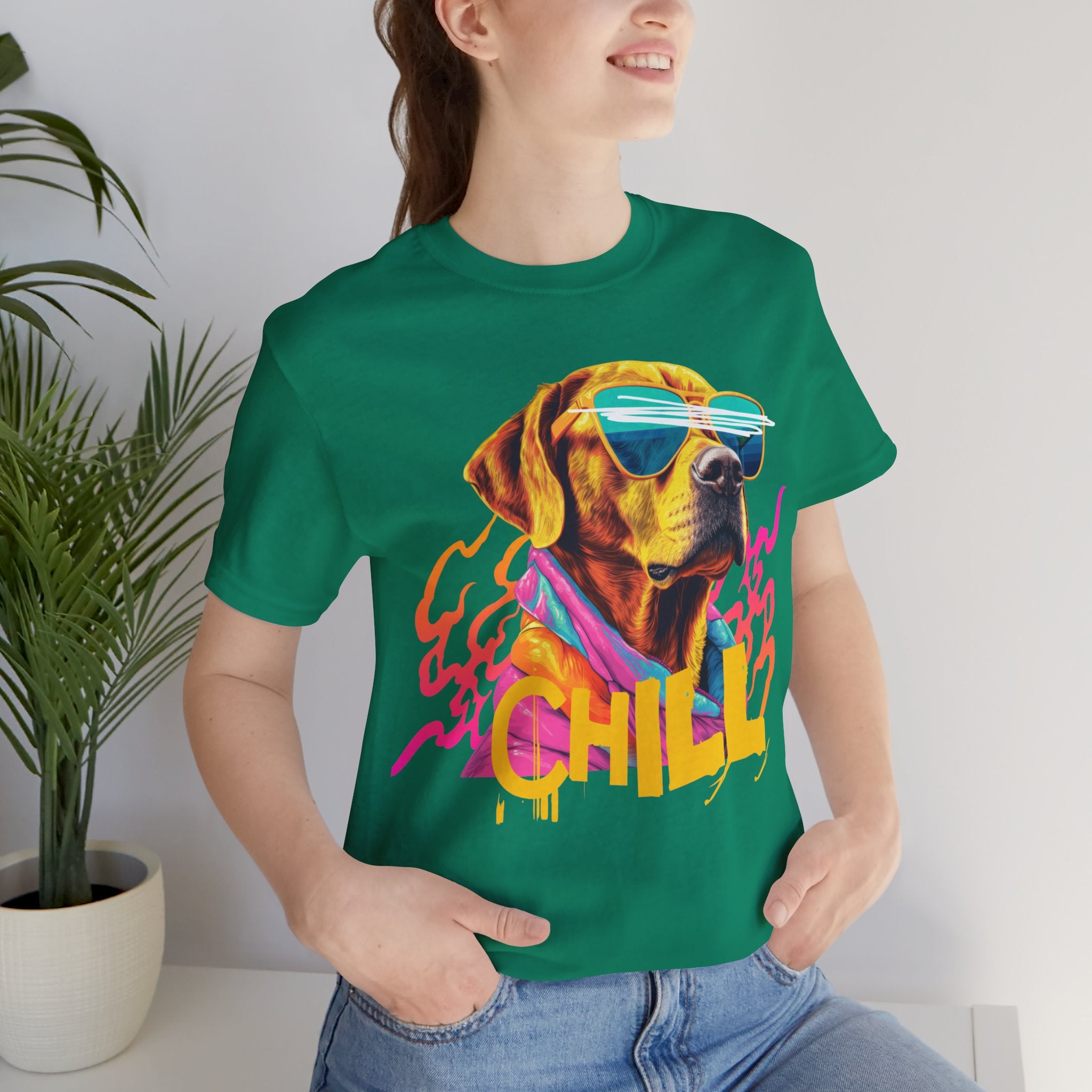 Chill Sunglasses Dog Tee — Retro Neon “CHILL” Graphic T-Shirt