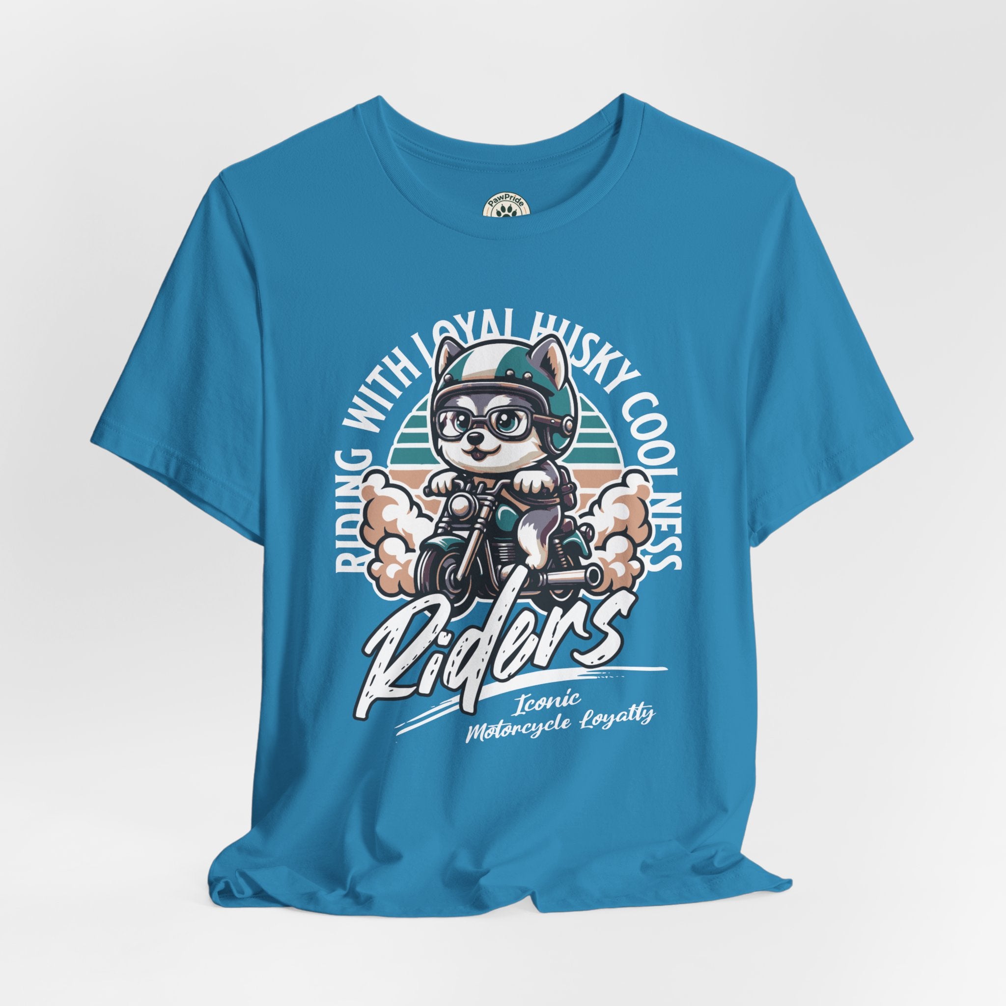 Riders Cat Motorcycle Tee — "Riding With Loyal Husky Coolness" Graphic Shirt