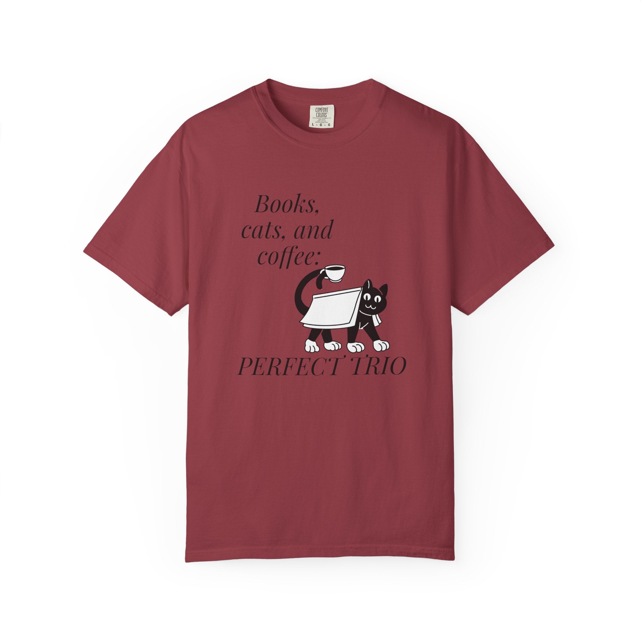Books, Cats, and Coffee T-Shirt — "Perfect Trio" Cozy Reader Tee