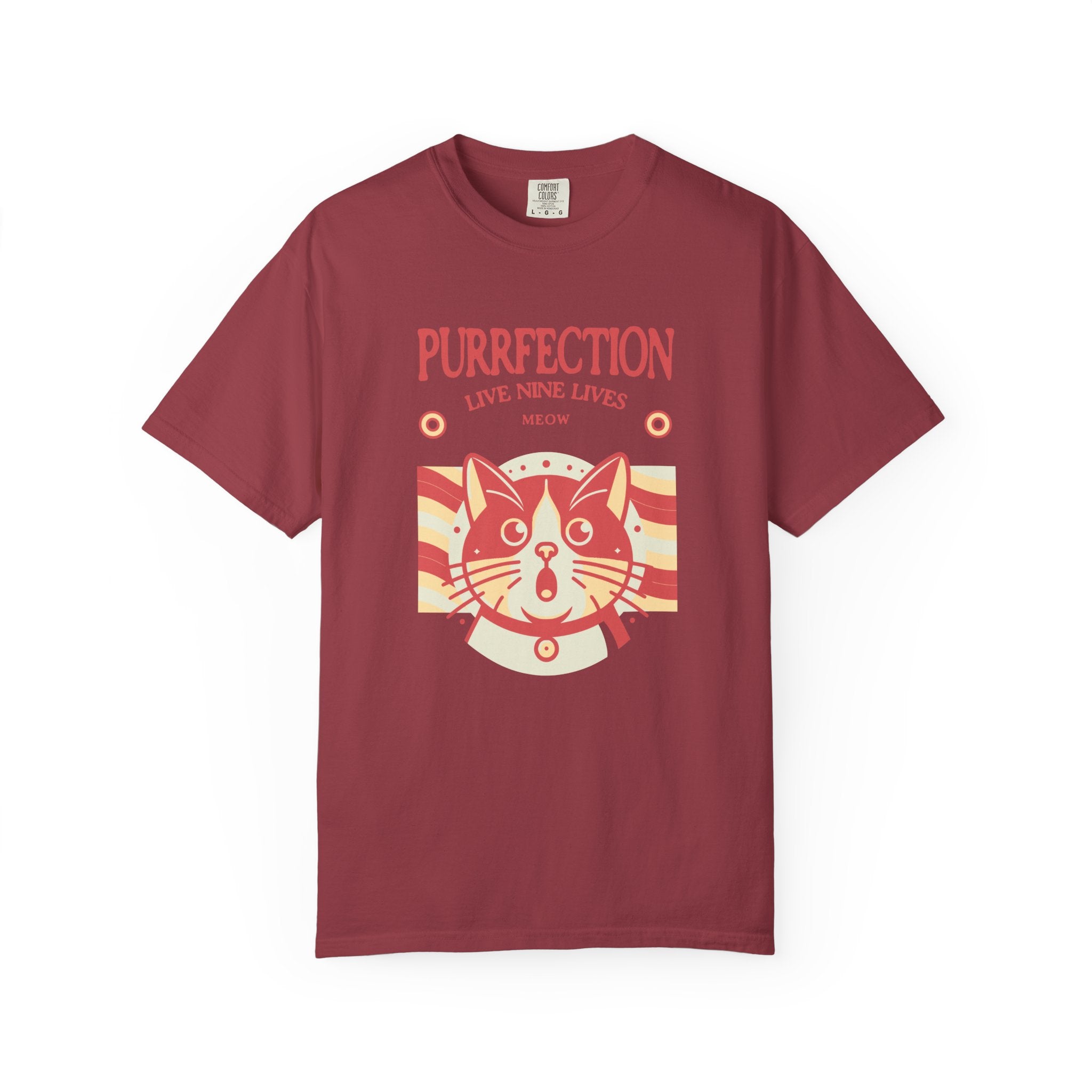 Purrfection Cat T-Shirt — "Purrfection Lives Nine Lives" Retro Cat Graphic Tee