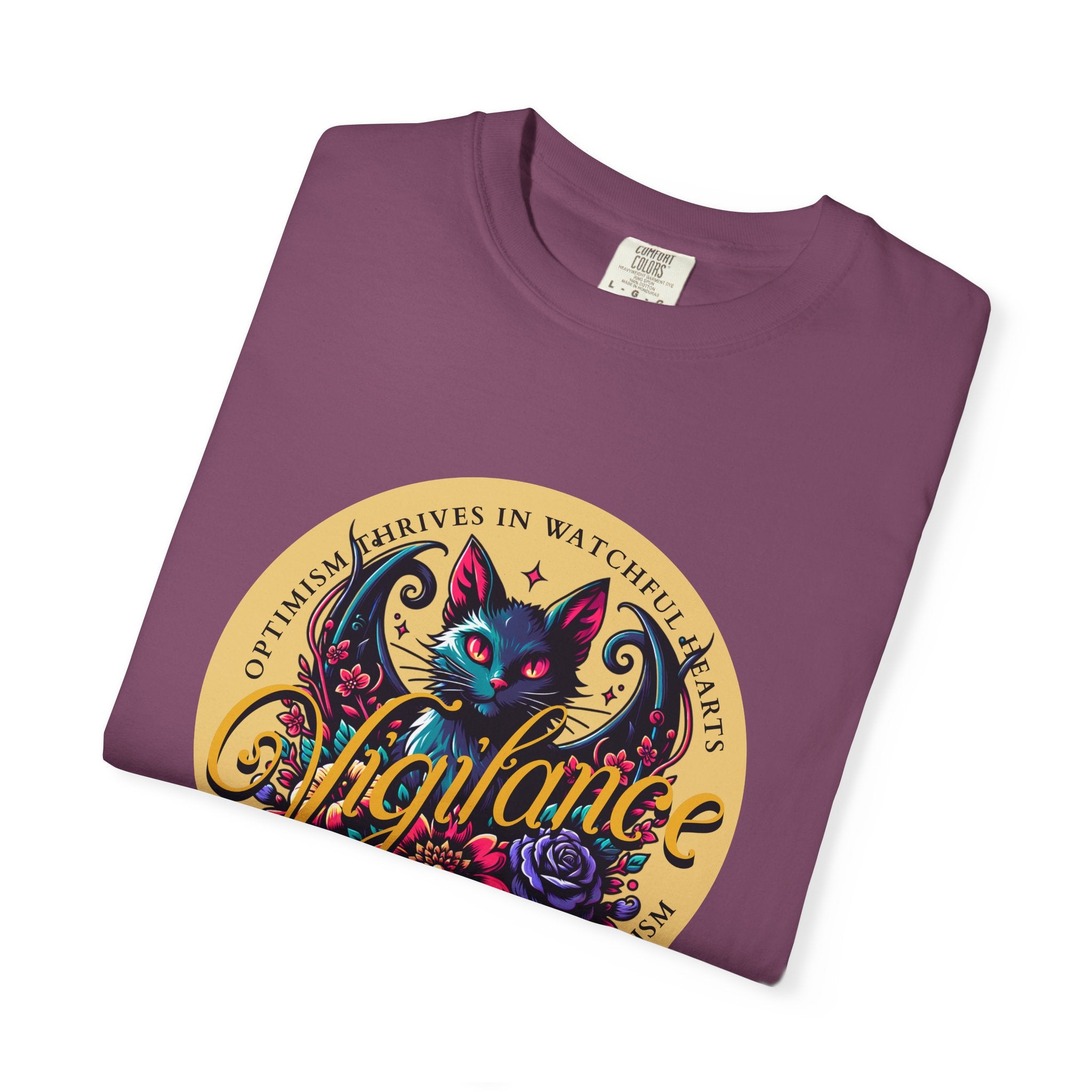 Vigilance Cat Graphic T-Shirt — Retro Floral Crest Tee