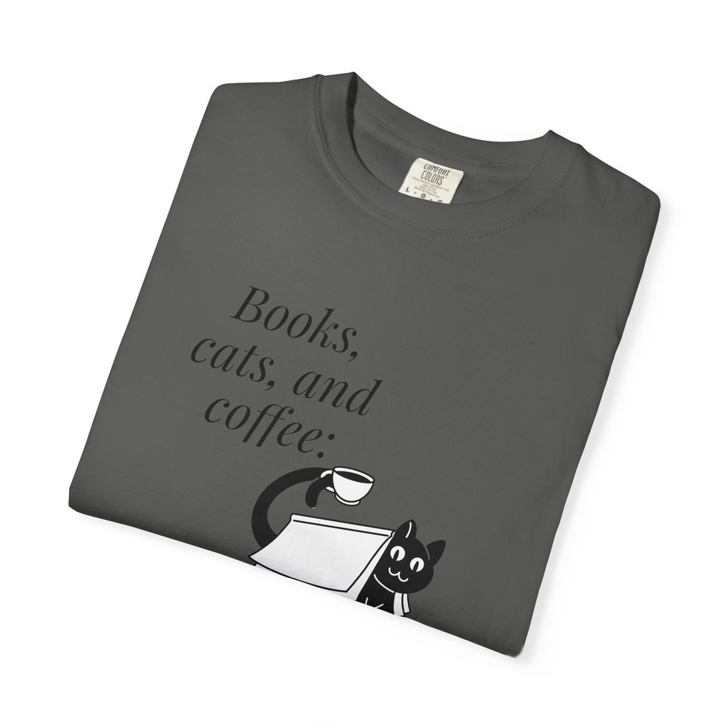 Books, Cats, and Coffee T-Shirt — "Perfect Trio" Cozy Reader Tee