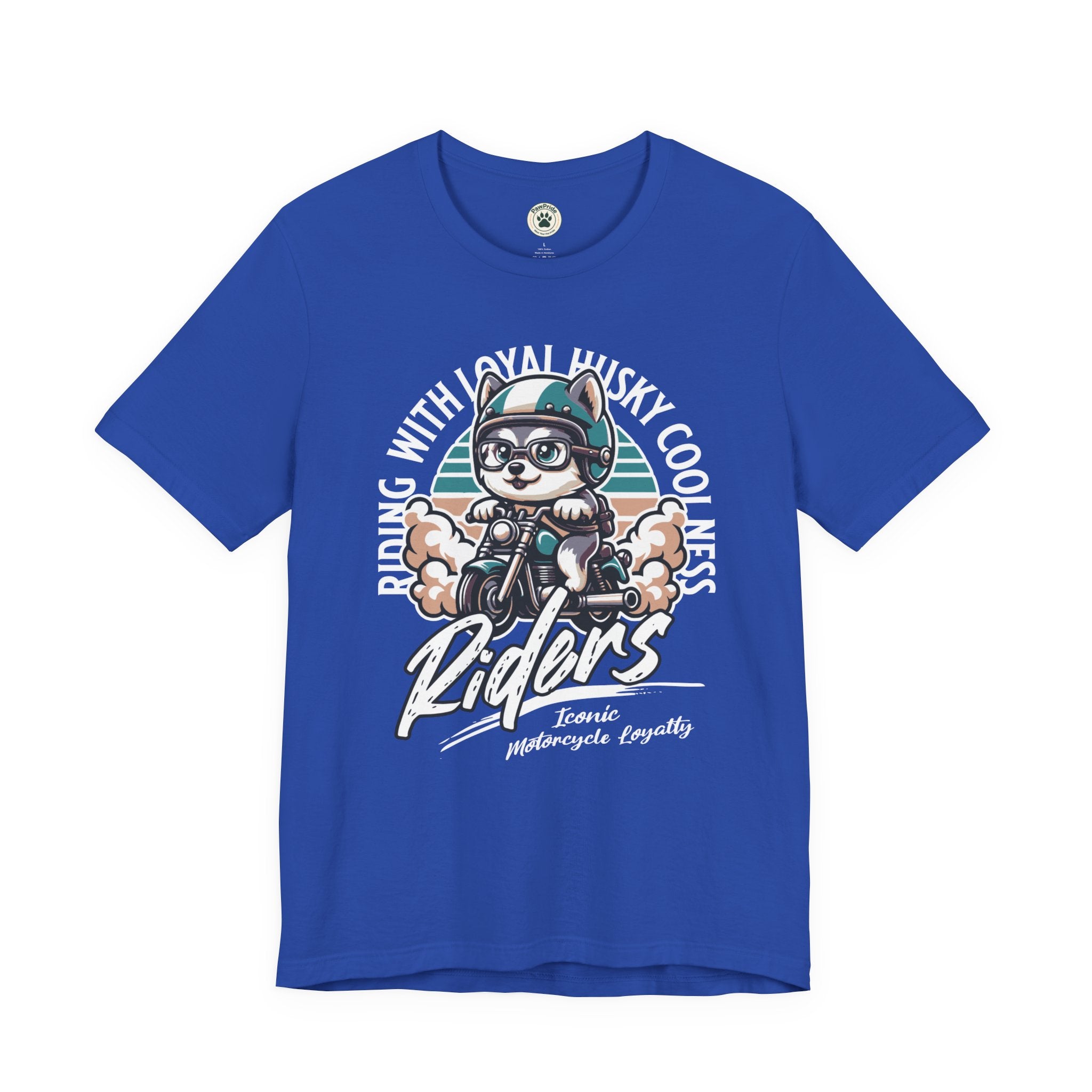 Riders Cat Motorcycle Tee — "Riding With Loyal Husky Coolness" Graphic Shirt