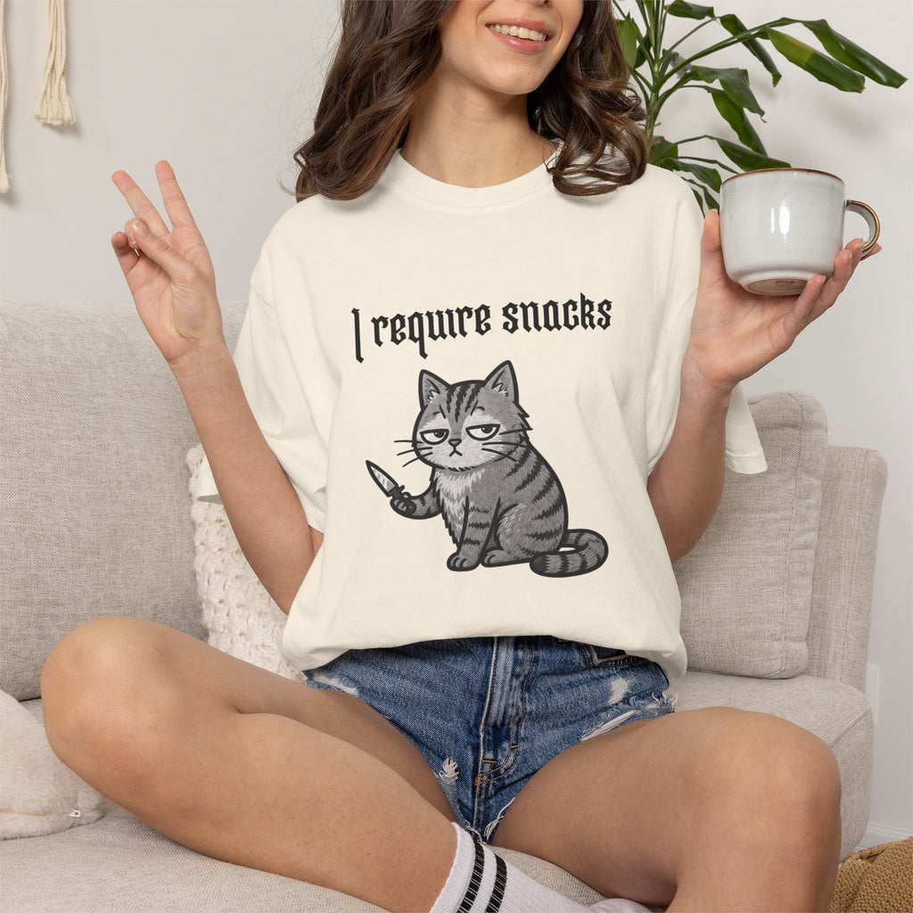 I Require Snacks Cat T‑Shirt — Cute Grumpy Kitty Graphic Tee