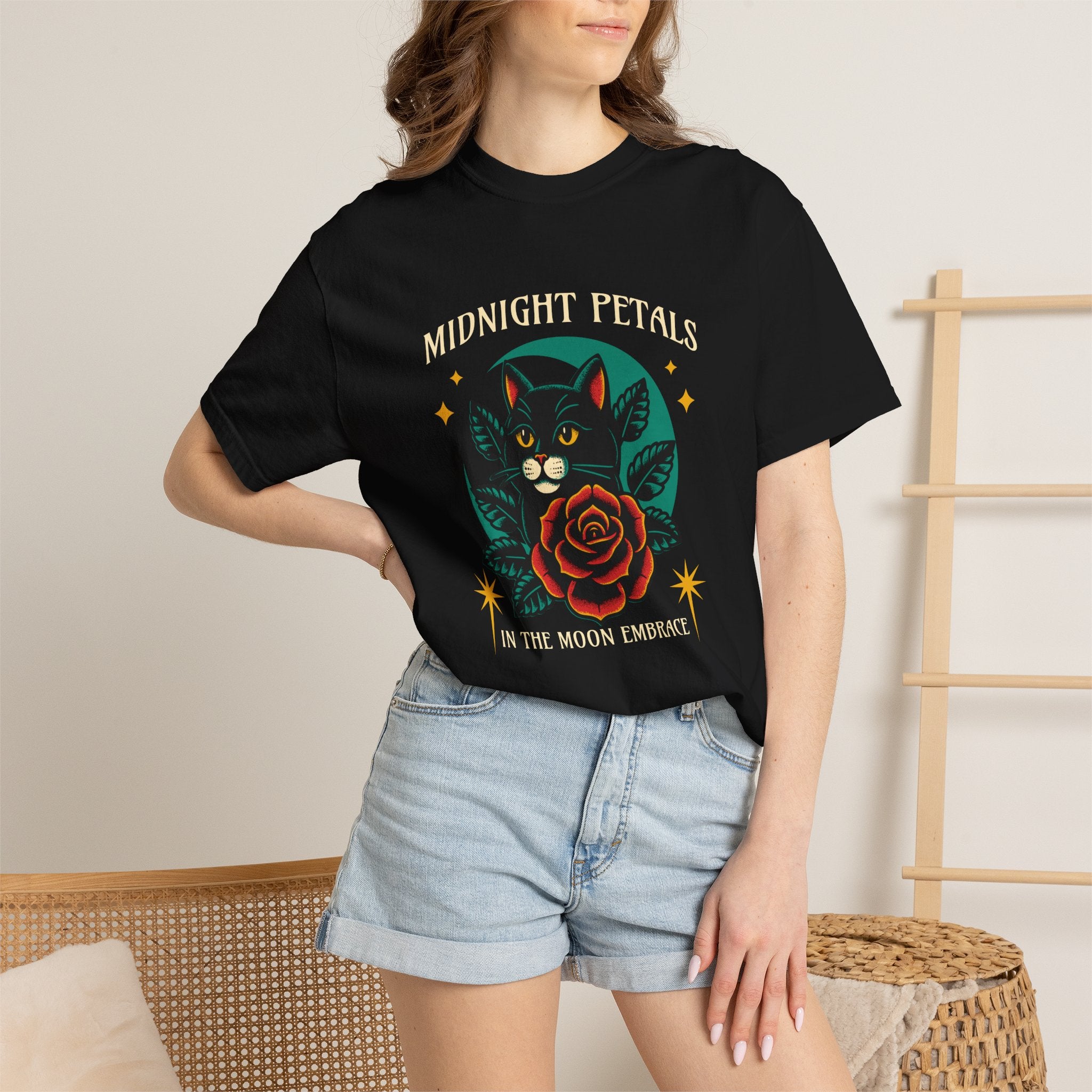 Midnight Petals Cat & Rose Tee — "Midnight Petals: In the Moon Embrace"