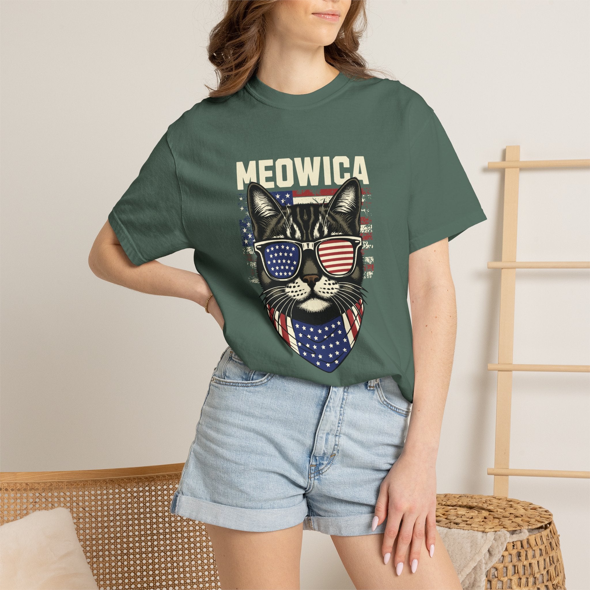 Meowica Cat T-Shirt — Patriotic American Flag Kitty Graphic Tee