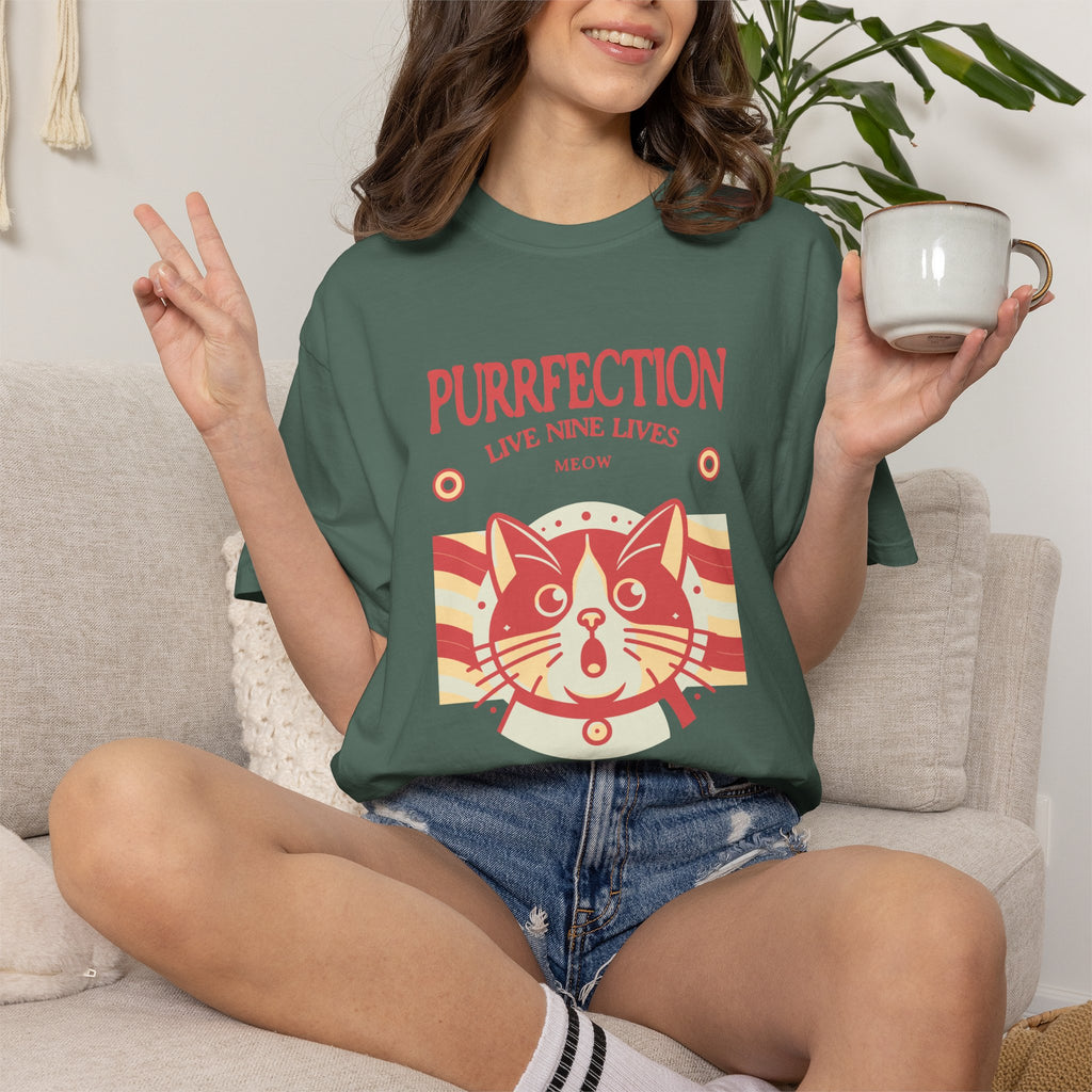 Purrfection Cat T-Shirt — "Purrfection Lives Nine Lives" Retro Cat Graphic Tee