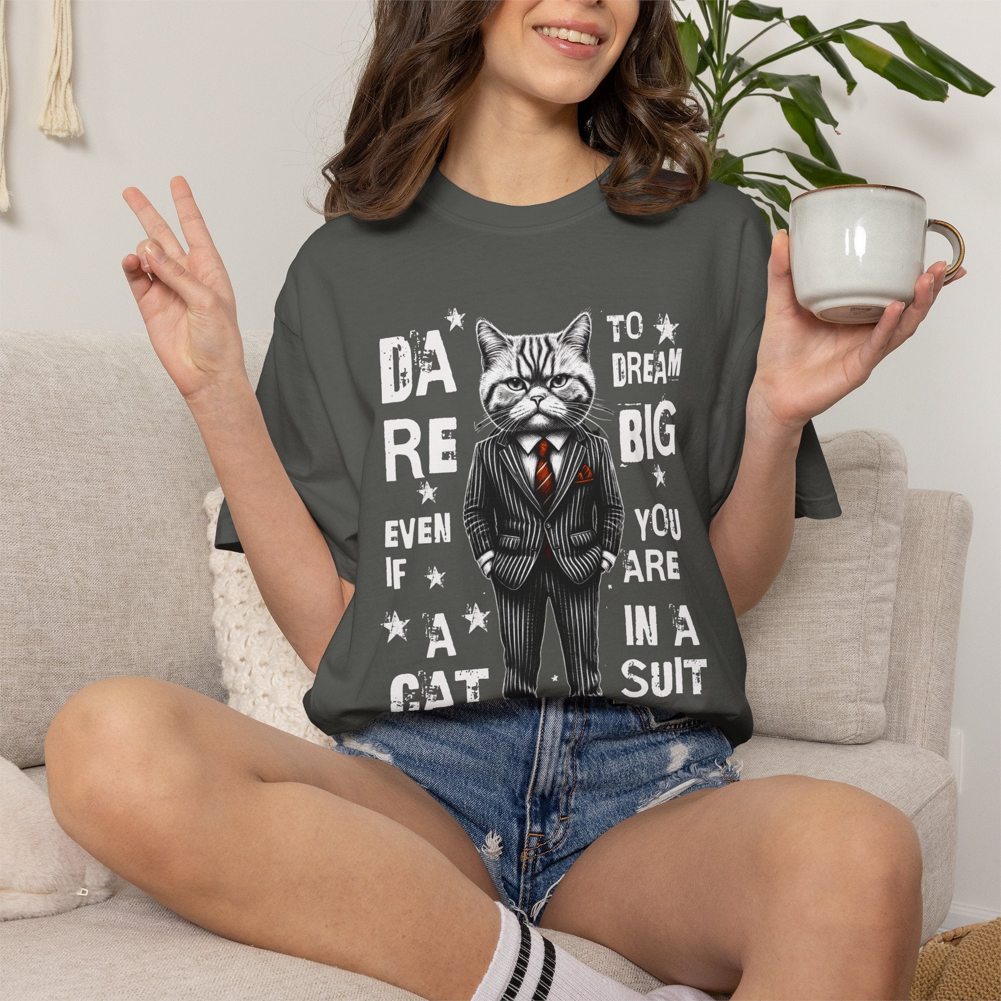 Cat in a Suit T-Shirt — "Dare to Dream Big Even If You Are a Cat" Motivational Tee