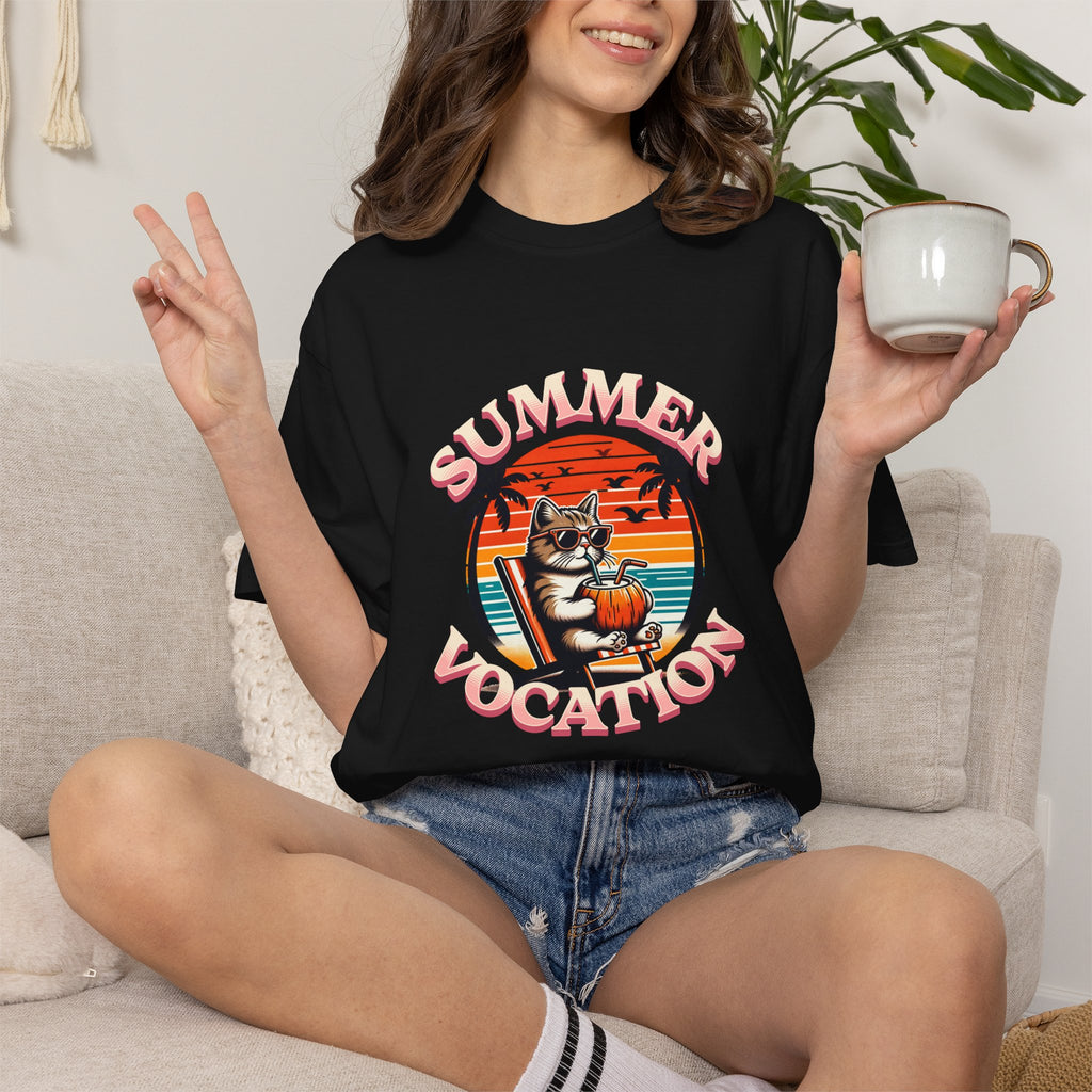 Summer Vacation T‑Shirt — Retro Cat on Beach Graphic