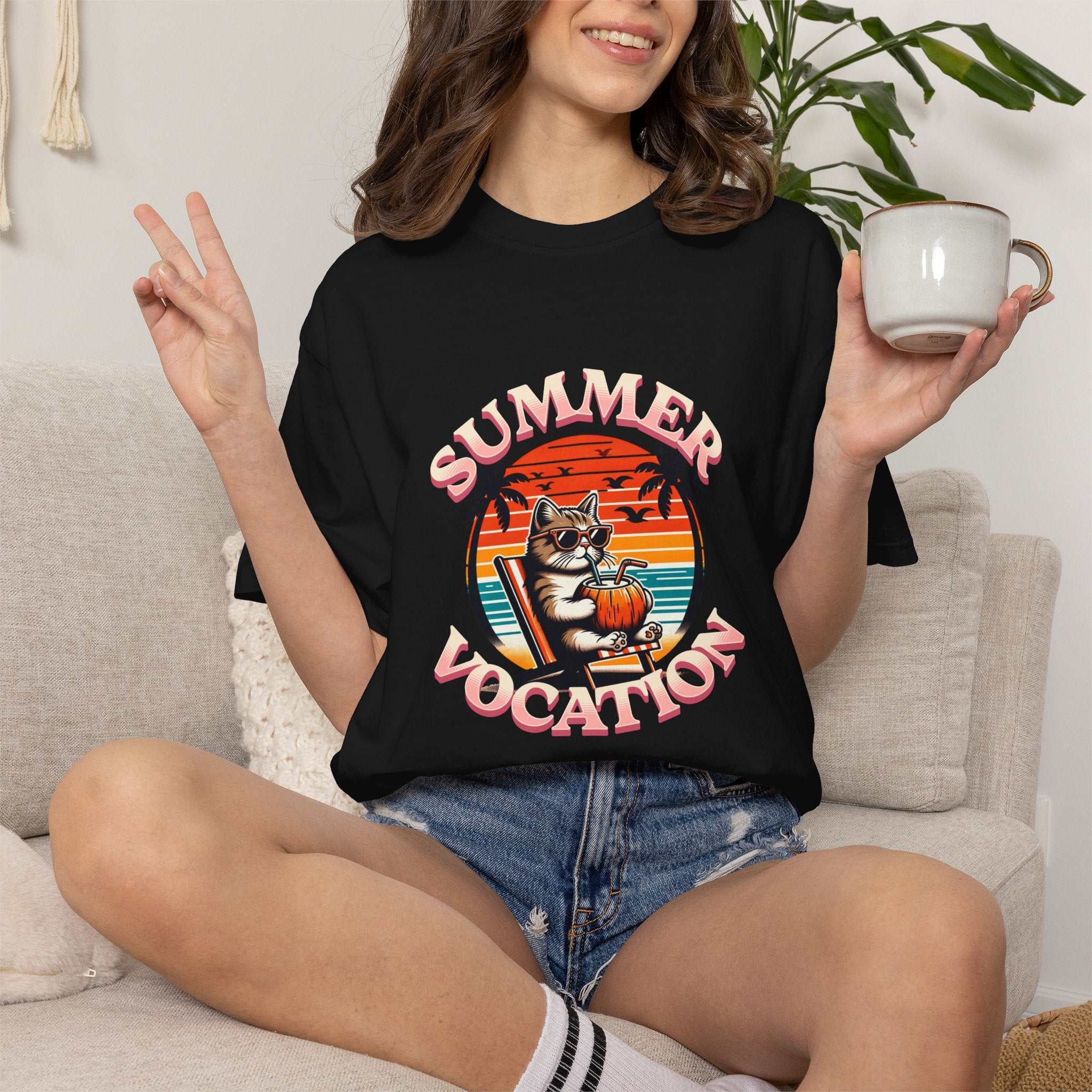 Summer Vacation T‑Shirt — Retro Cat on Beach Graphic