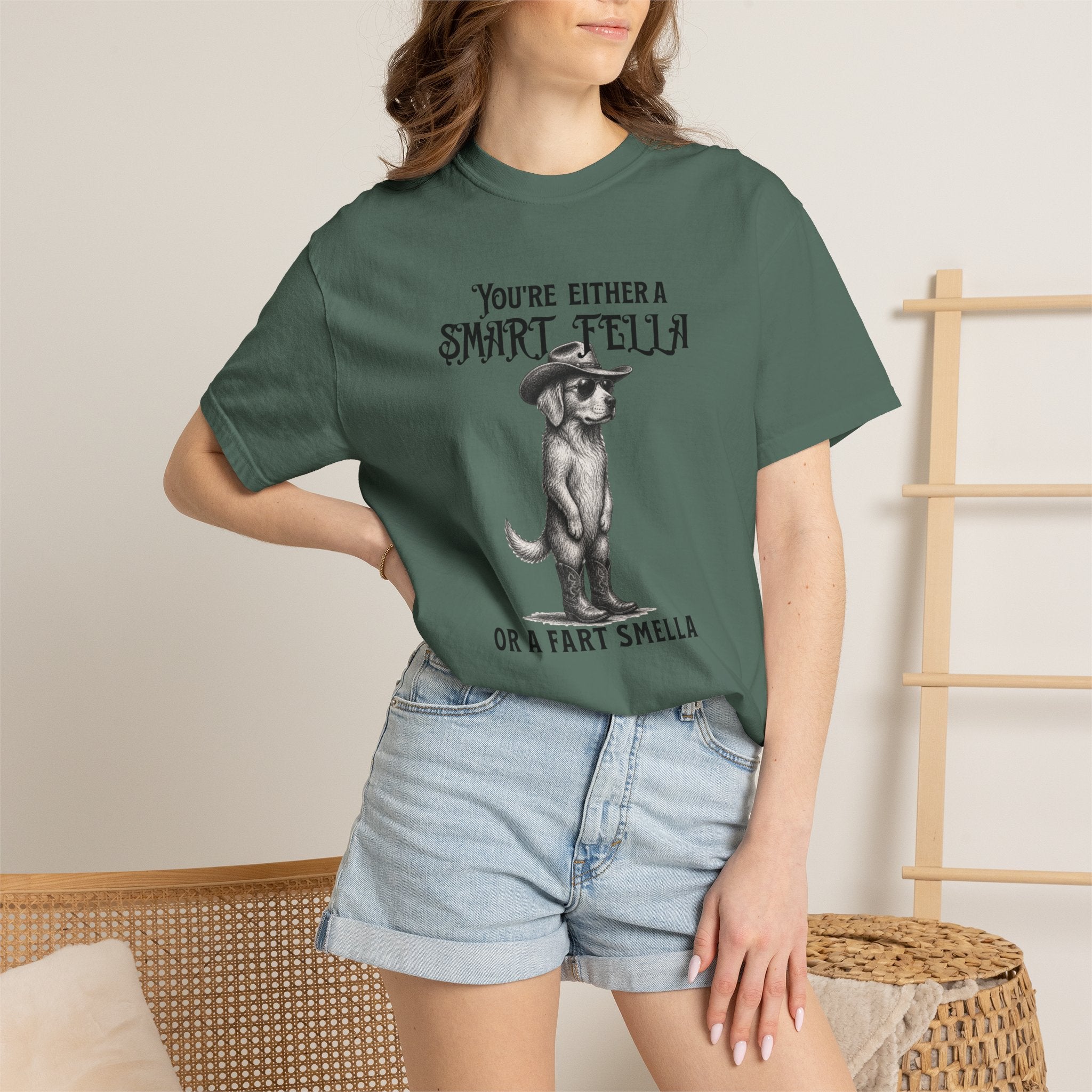 Funny Dog Graphic T-Shirt — "You’re Either a Smart Fella or a Fart Smella"