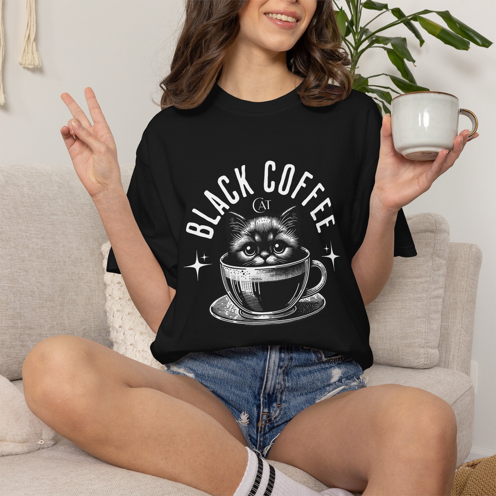 Black Coffee Cat T-Shirt — Cute Cat in Coffee Cup Graphic Tee