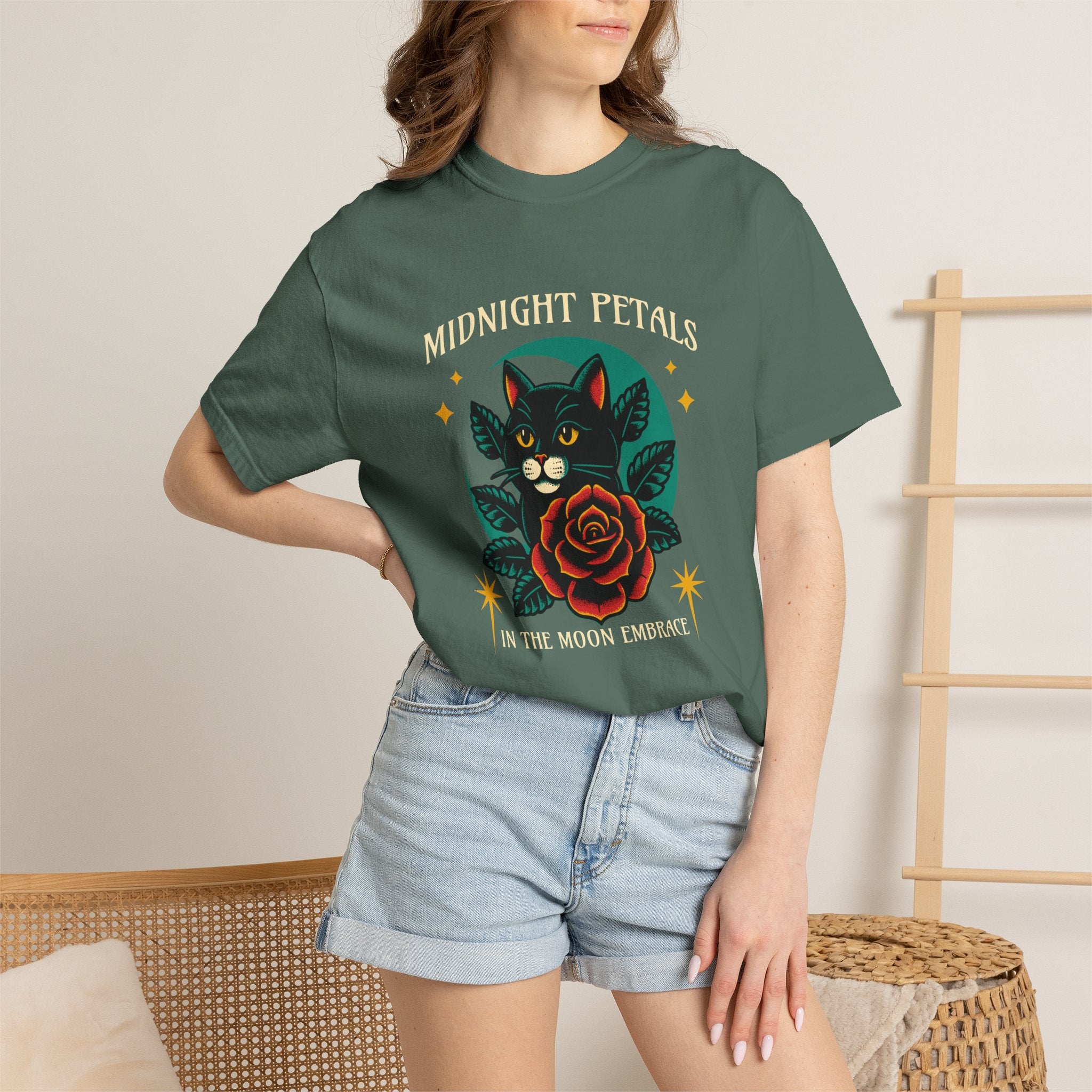 Midnight Petals Cat & Rose Tee — "Midnight Petals: In the Moon Embrace"