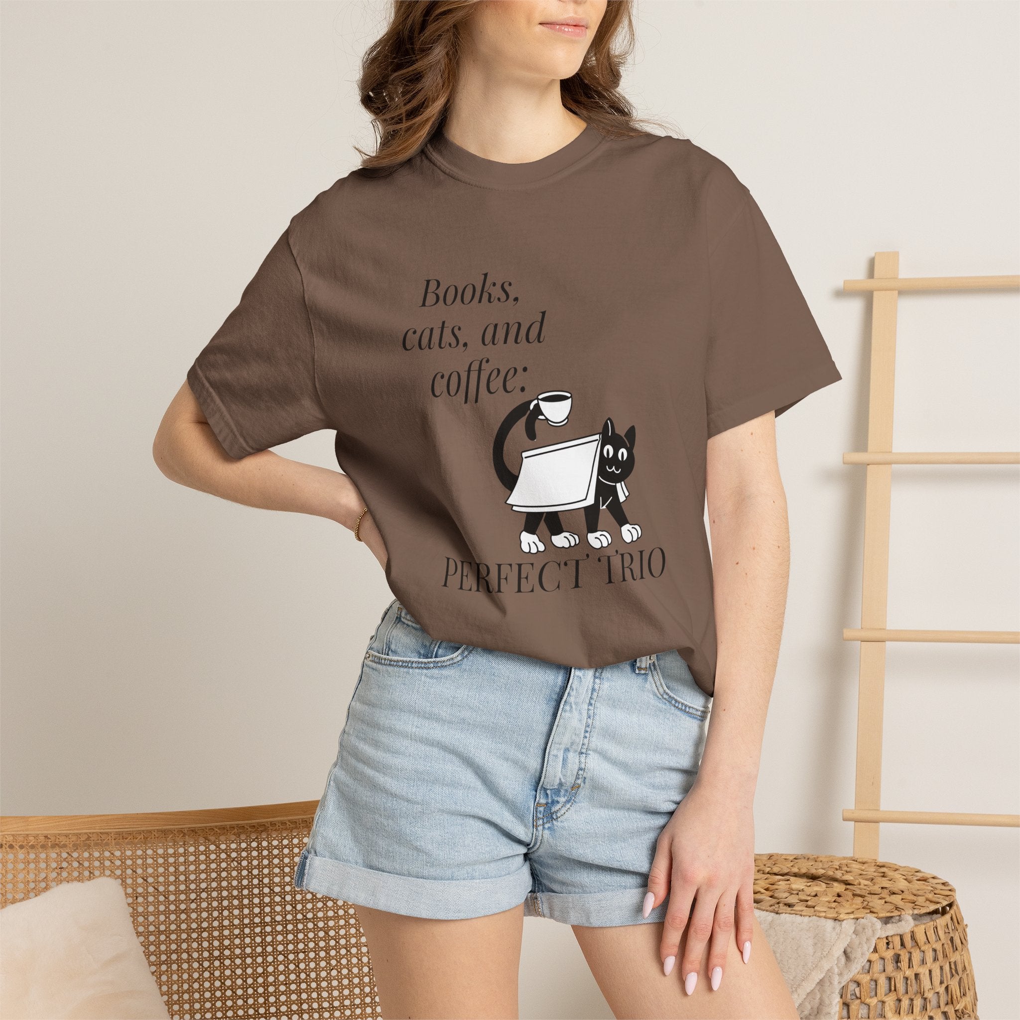 Books, Cats, and Coffee T-Shirt — "Perfect Trio" Cozy Reader Tee