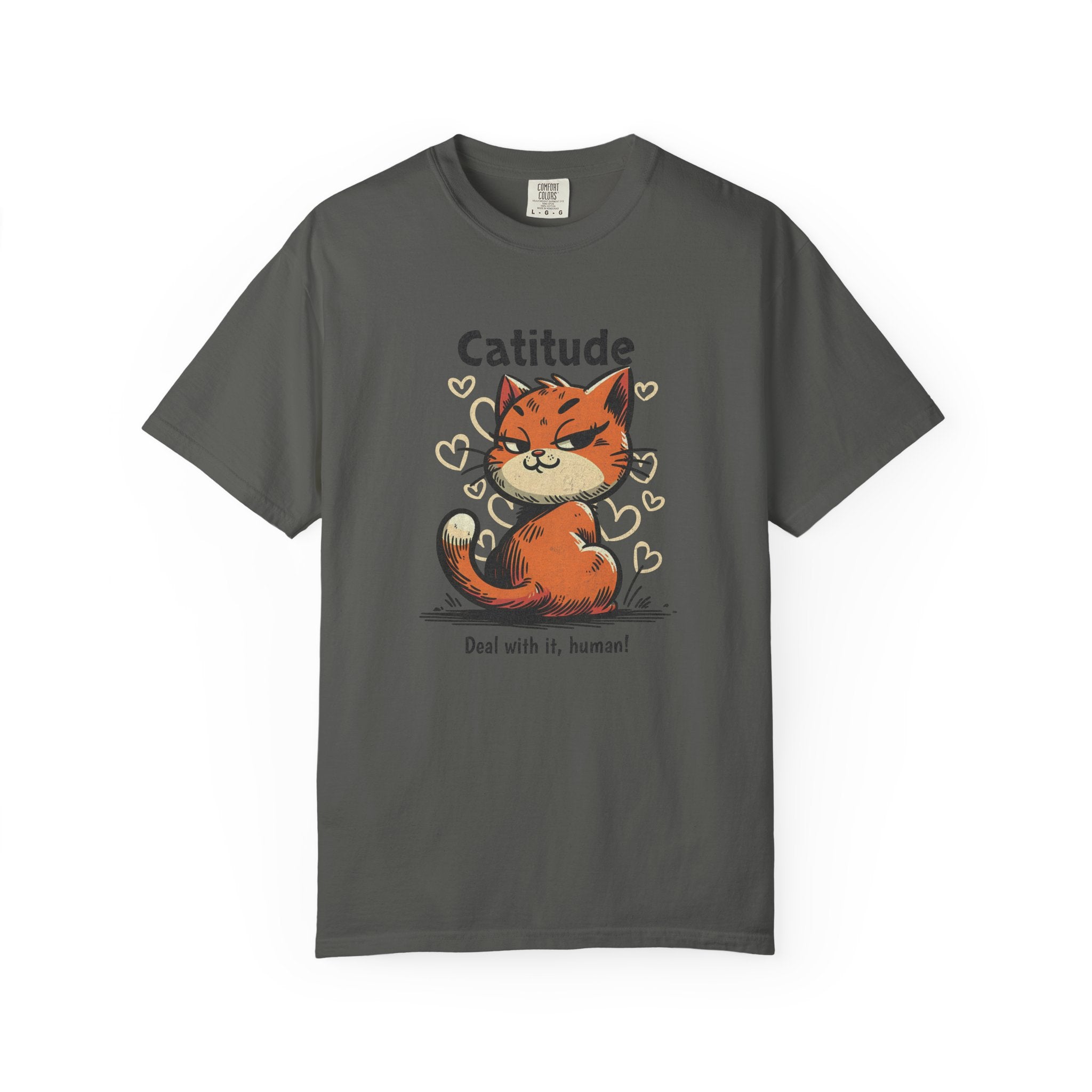 Catitude T-Shirt — Cute Orange Cat Graphic Tee, "Deal with it, human!"
