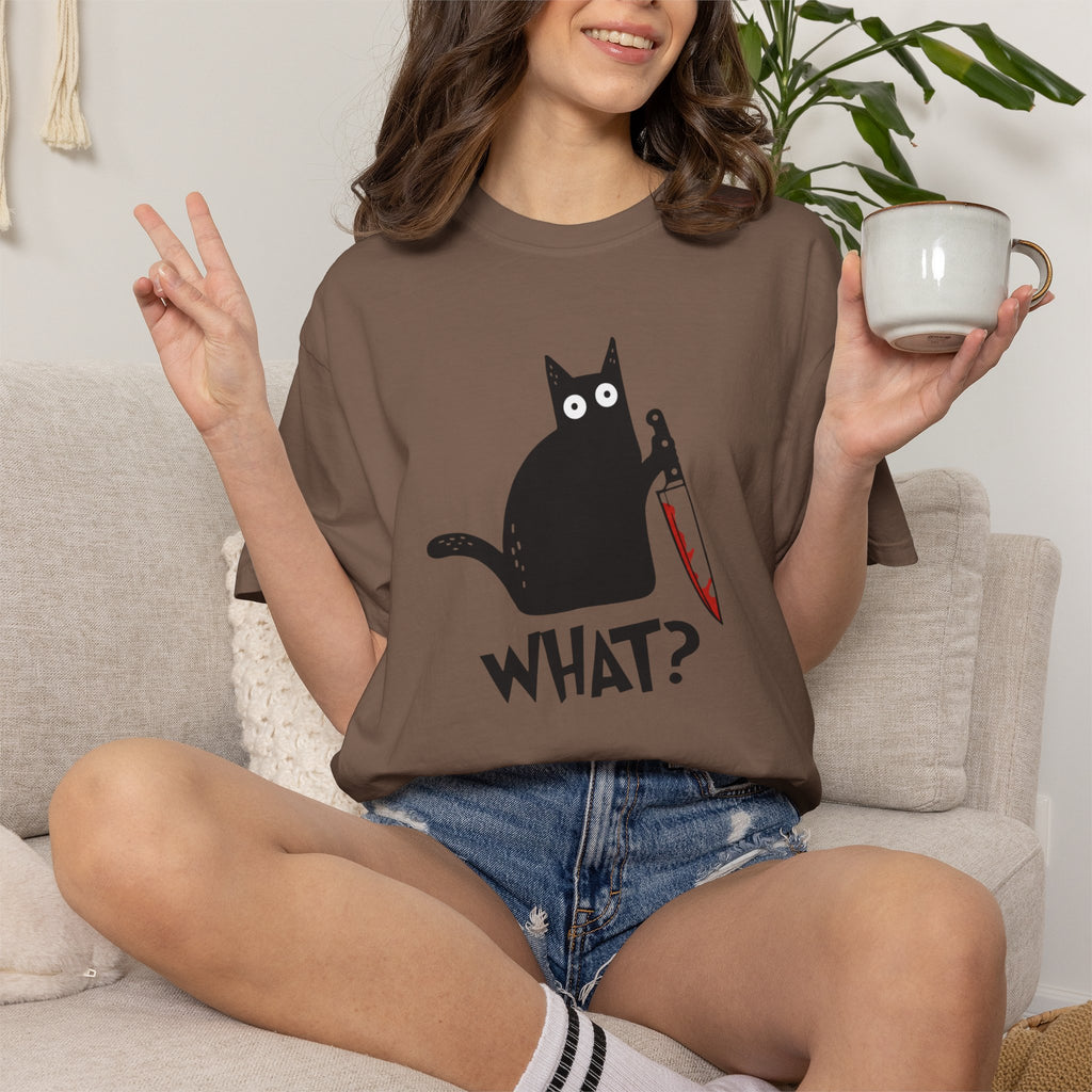 Funny Cat Holding Knife T-Shirt — "What?" Graphic Tee (Dark Humor, Halloween Gift)