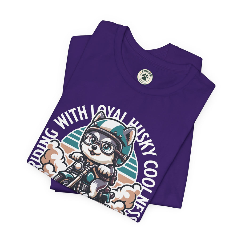 Riders Cat Motorcycle Tee — "Riding With Loyal Husky Coolness" Graphic Shirt