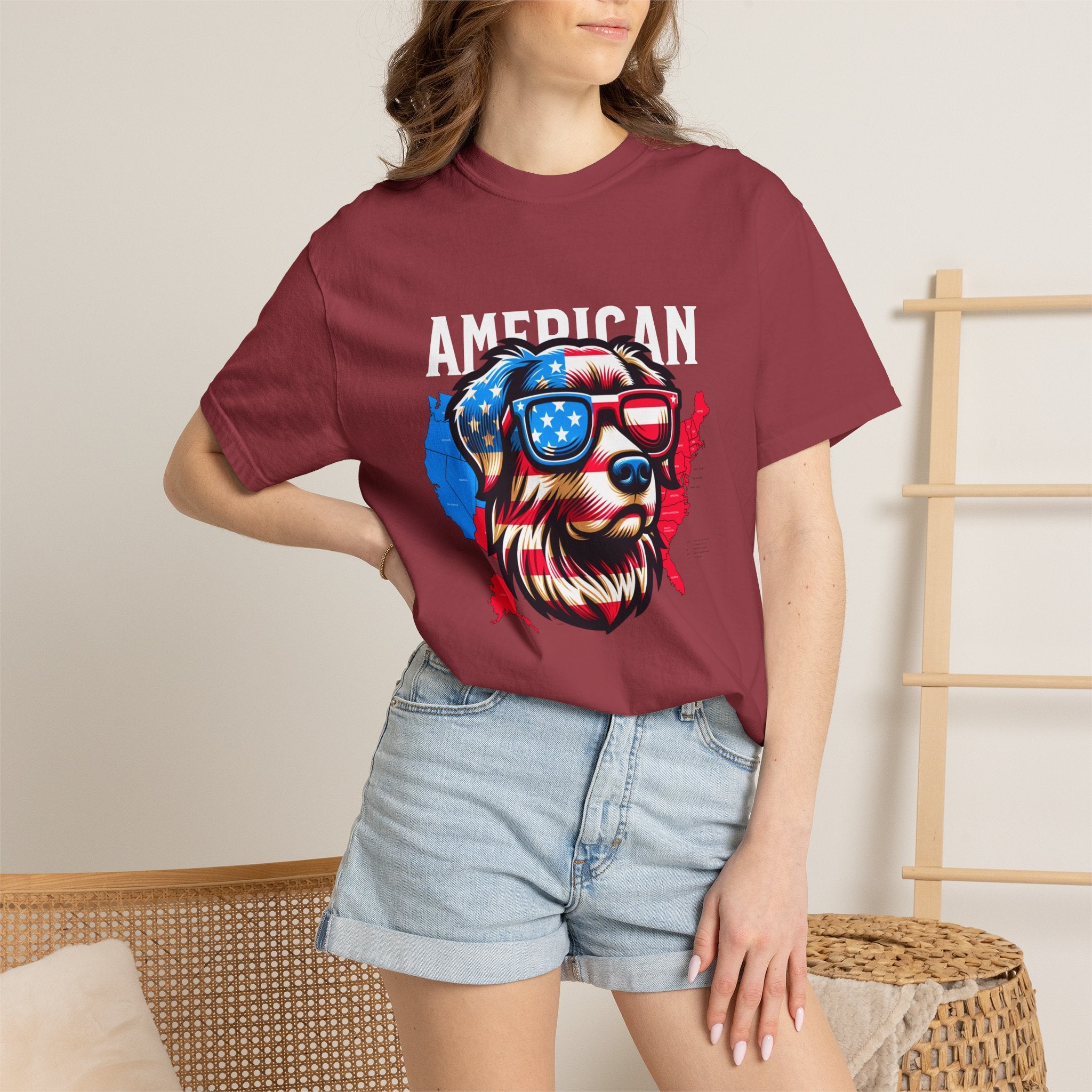 American Dog Graphic T-Shirt — Patriotic Sunglasses USA Crew Tee