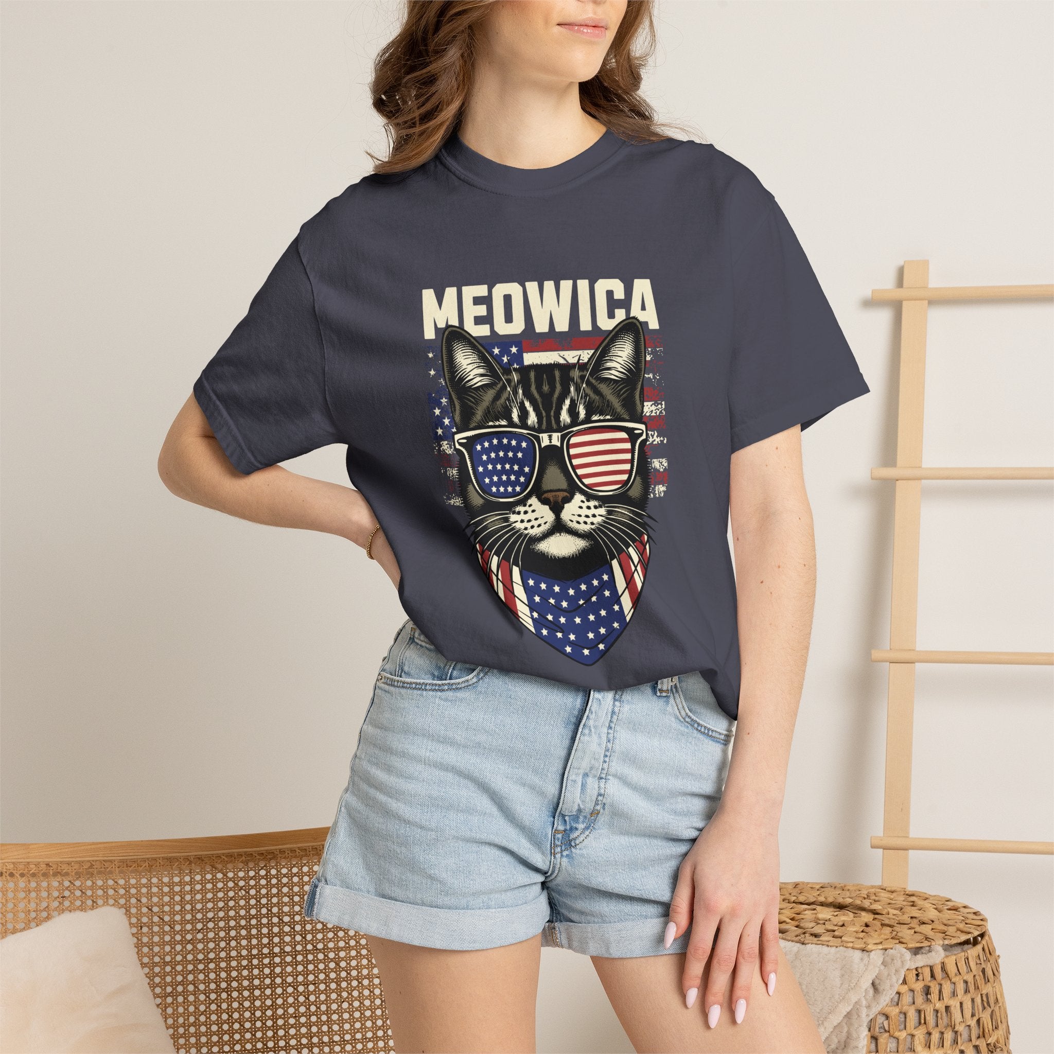 Meowica Cat T-Shirt — Patriotic American Flag Kitty Graphic Tee