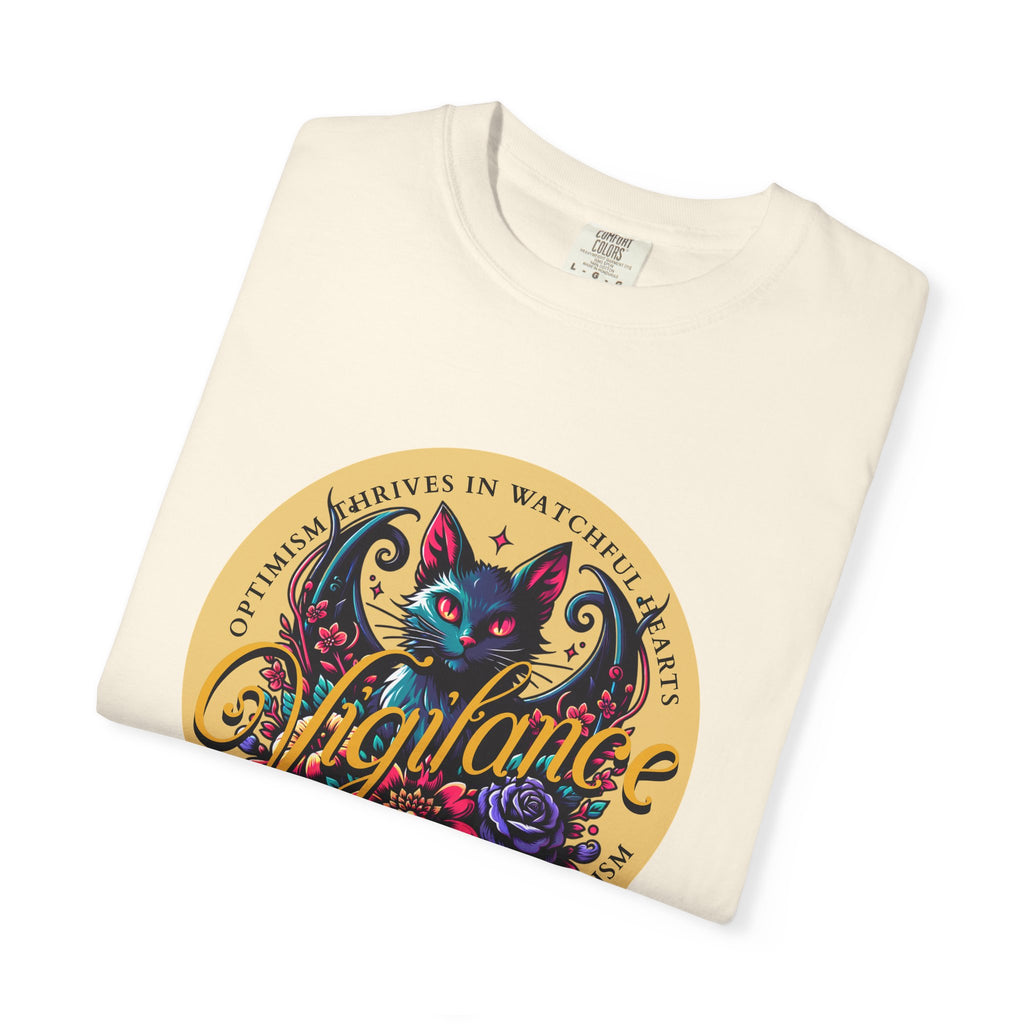 Vigilance Cat Graphic T-Shirt — Retro Floral Crest Tee