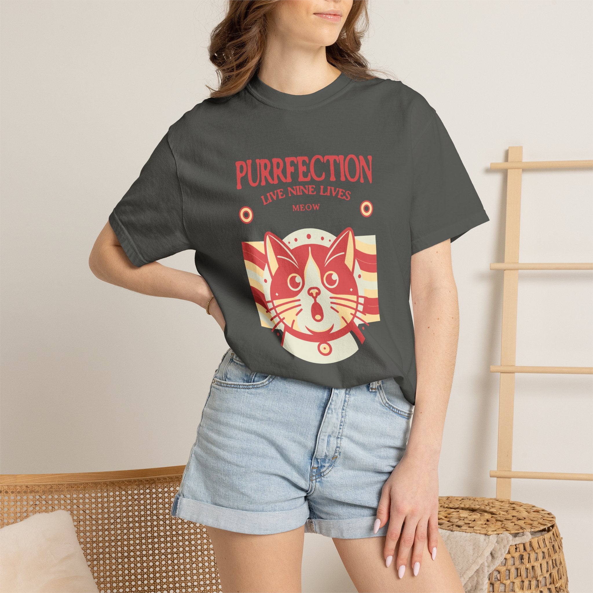 Purrfection Cat T-Shirt — "Purrfection Lives Nine Lives" Retro Cat Graphic Tee