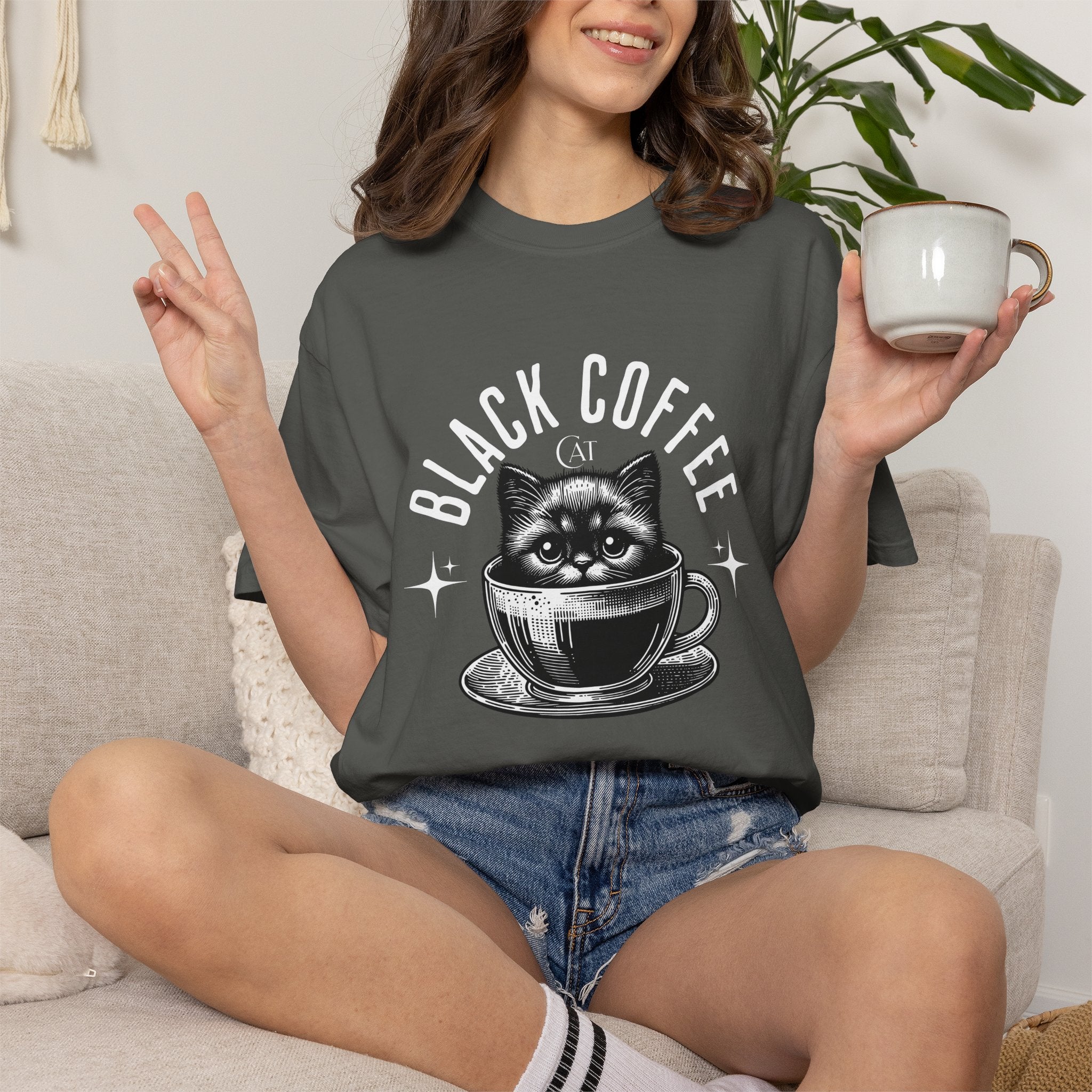Black Coffee Cat T-Shirt — Cute Cat in Coffee Cup Graphic Tee