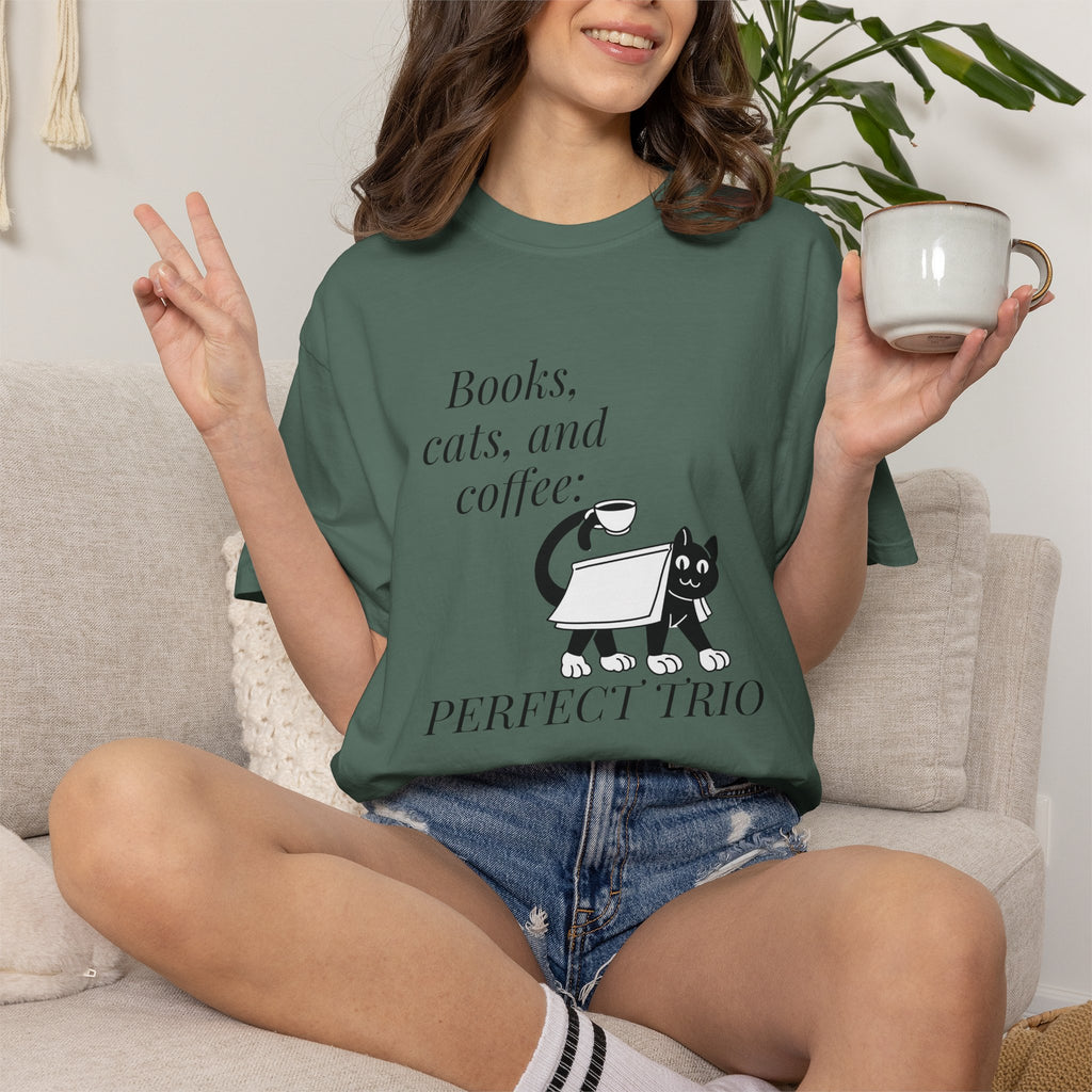 Books, Cats, and Coffee T-Shirt — "Perfect Trio" Cozy Reader Tee