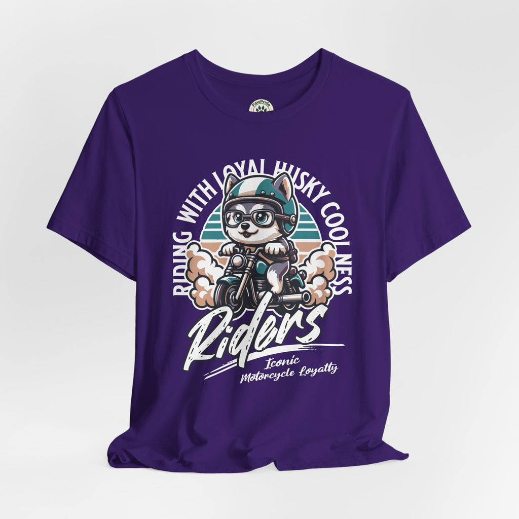 Riders Cat Motorcycle Tee — "Riding With Loyal Husky Coolness" Graphic Shirt