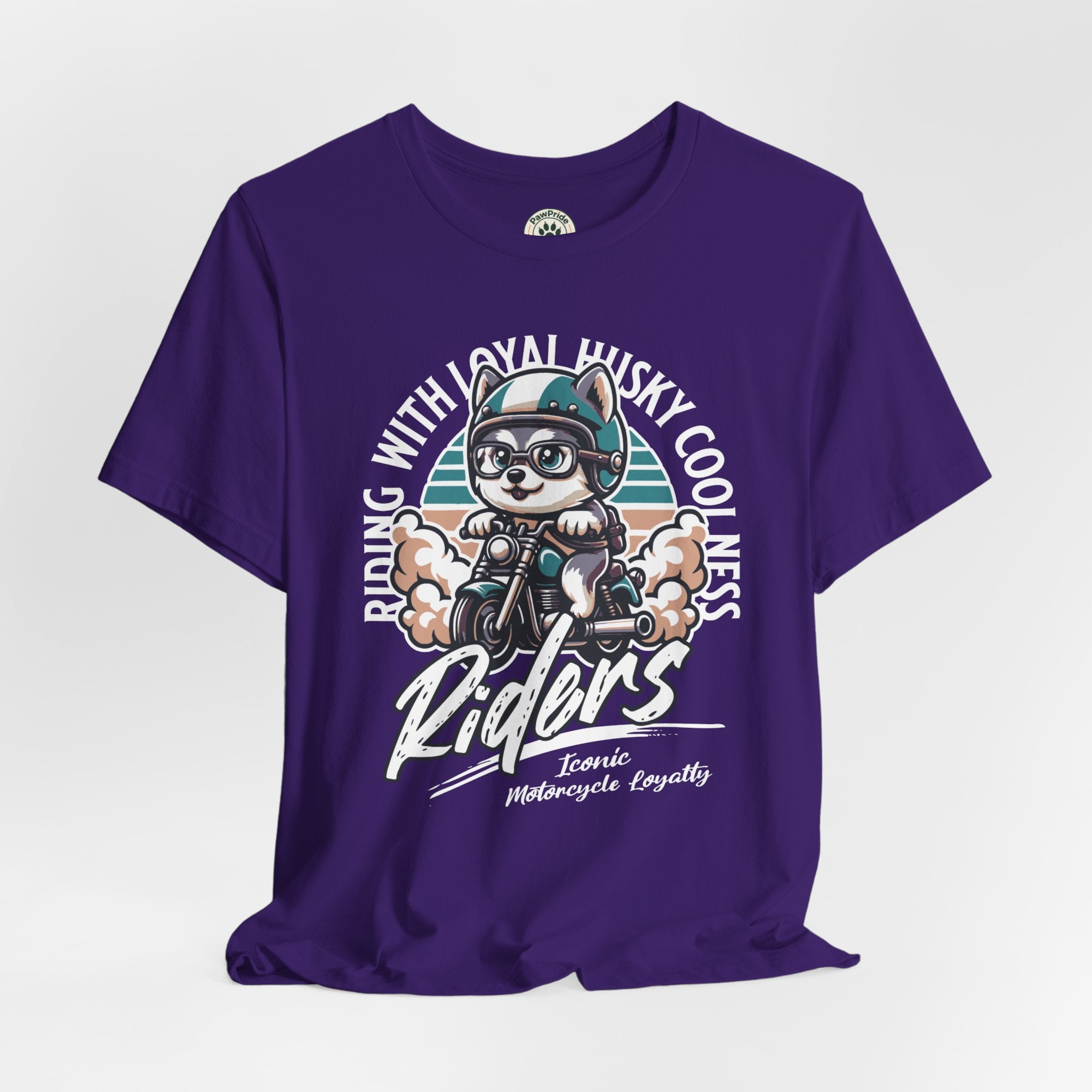 Riders Cat Motorcycle Tee — "Riding With Loyal Husky Coolness" Graphic Shirt