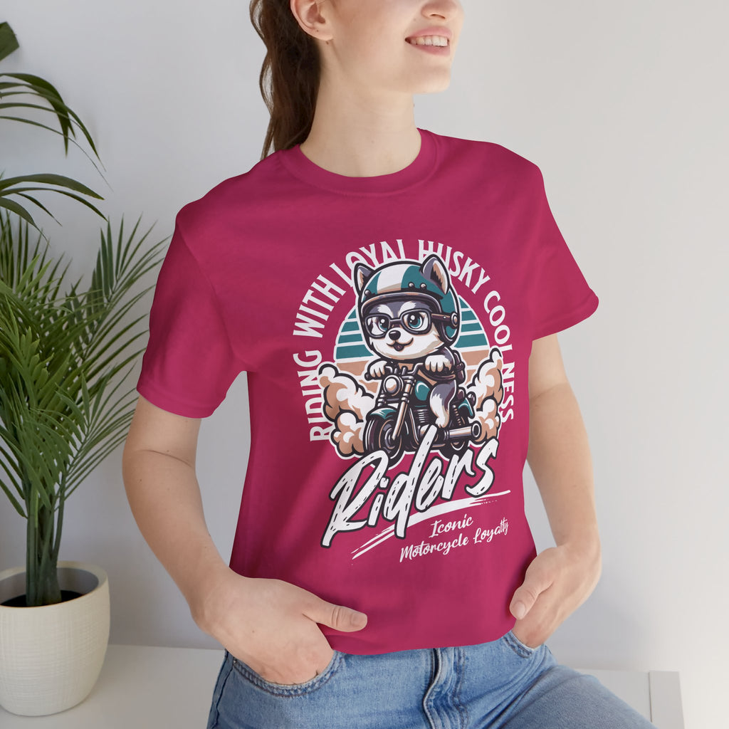 Riders Cat Motorcycle Tee — "Riding With Loyal Husky Coolness" Graphic Shirt