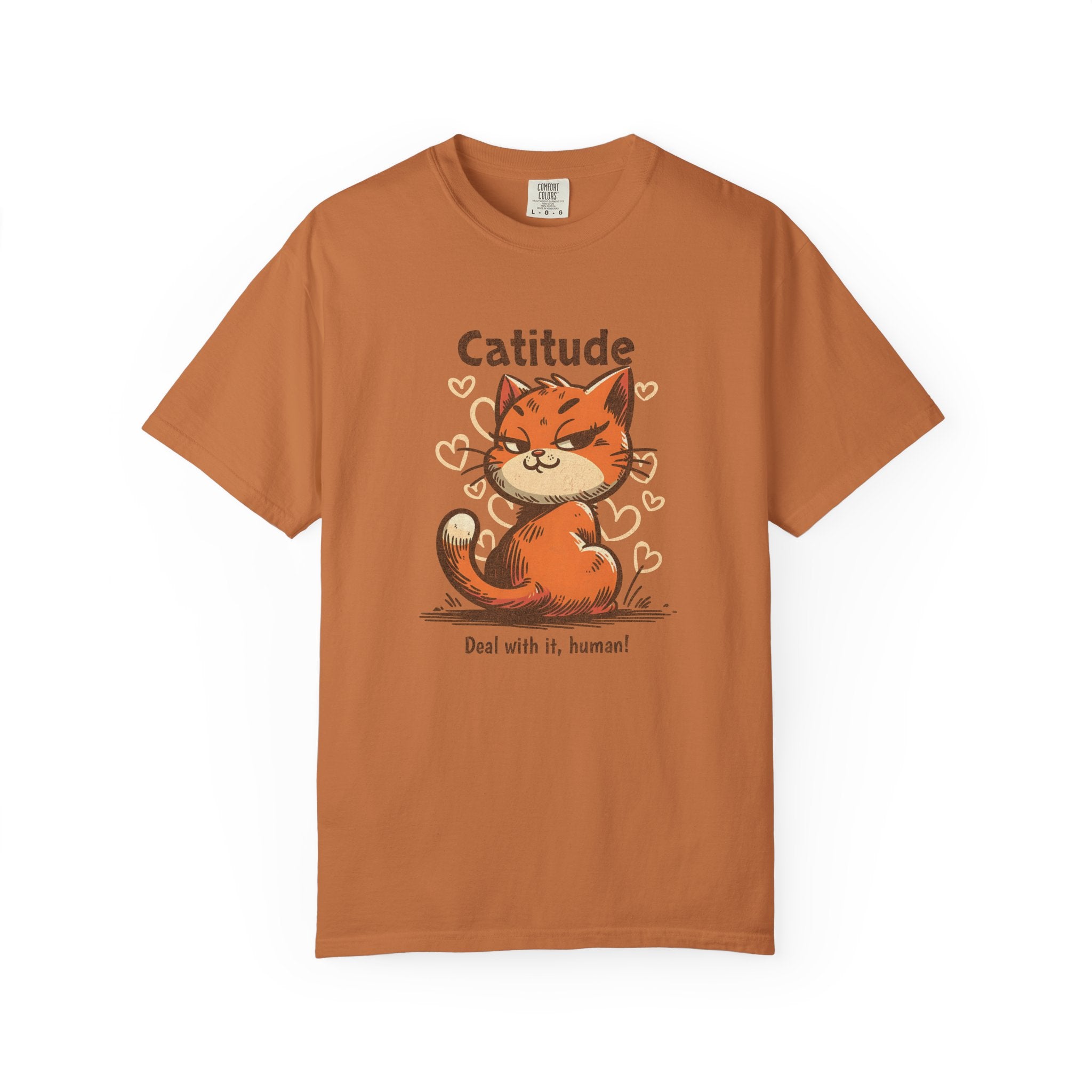Catitude T-Shirt — Cute Orange Cat Graphic Tee, "Deal with it, human!"