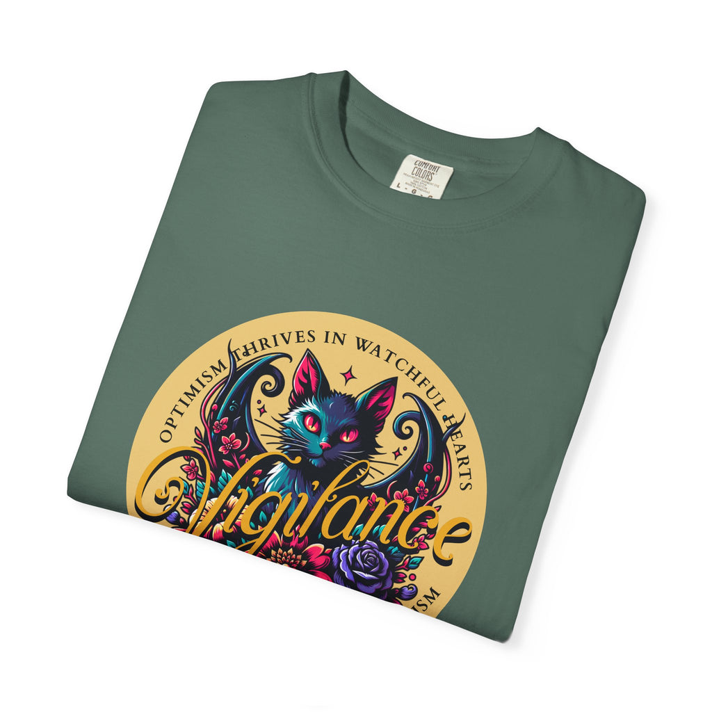 Vigilance Cat Graphic T-Shirt — Retro Floral Crest Tee
