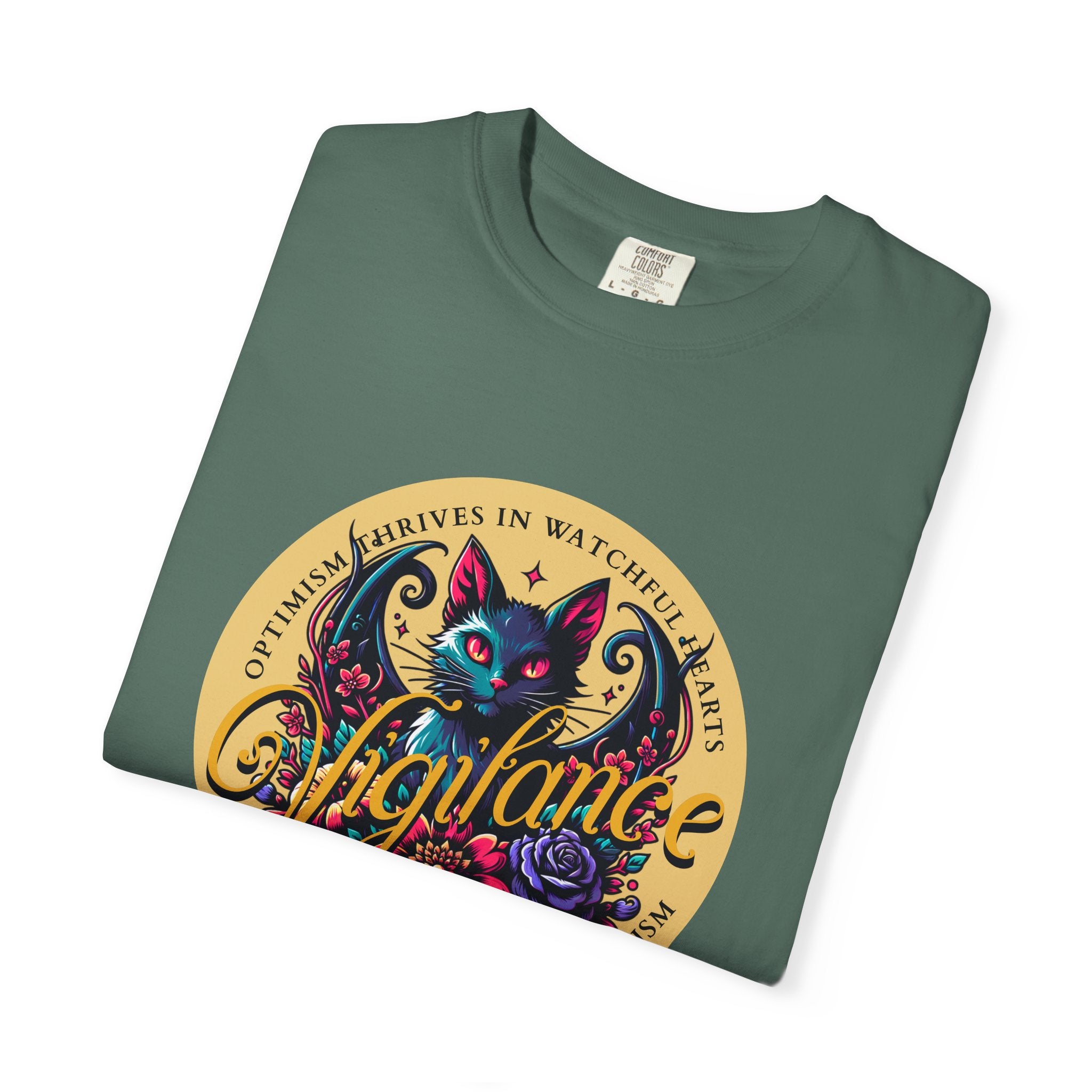 Vigilance Cat Graphic T-Shirt — Retro Floral Crest Tee