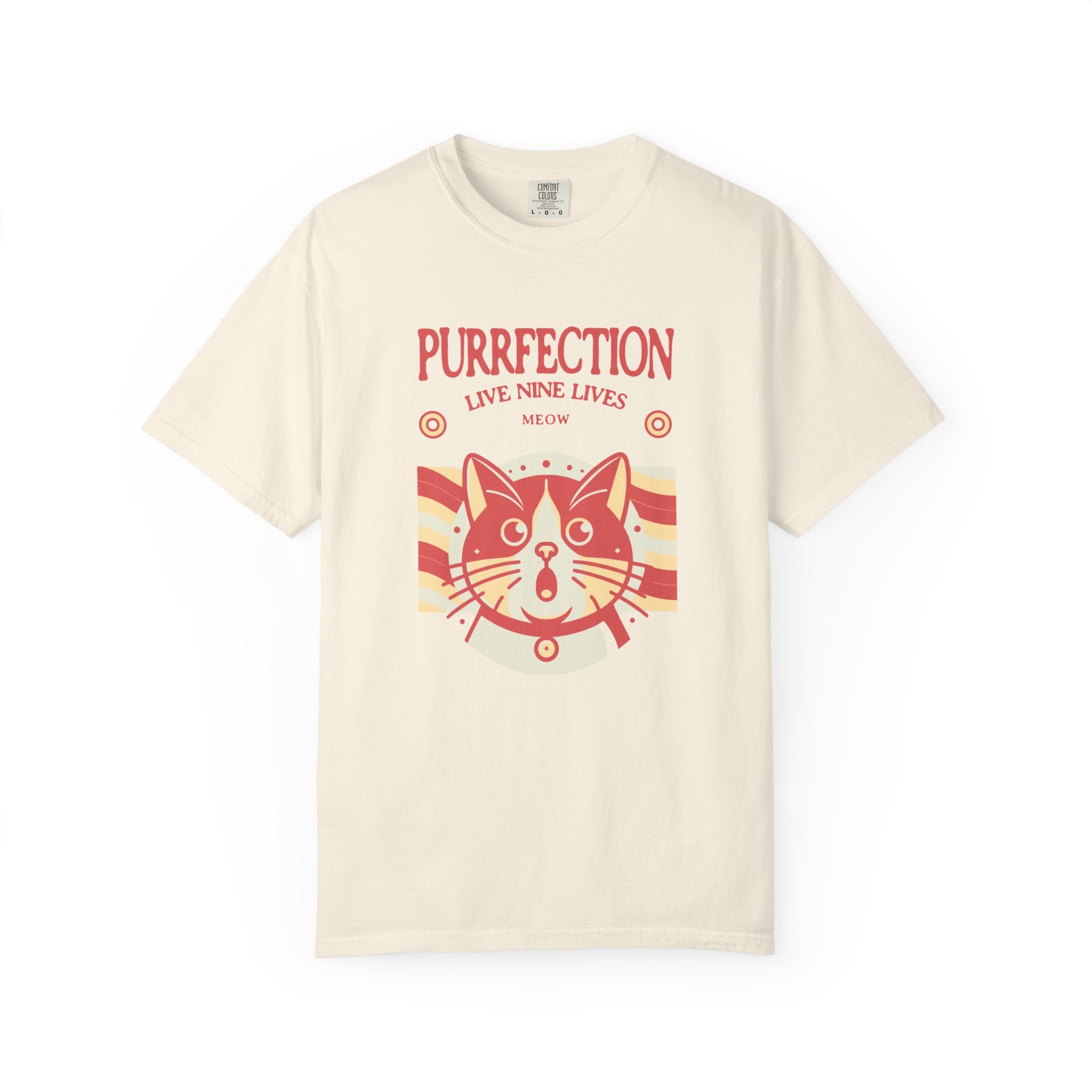Purrfection Cat T-Shirt — "Purrfection Lives Nine Lives" Retro Cat Graphic Tee