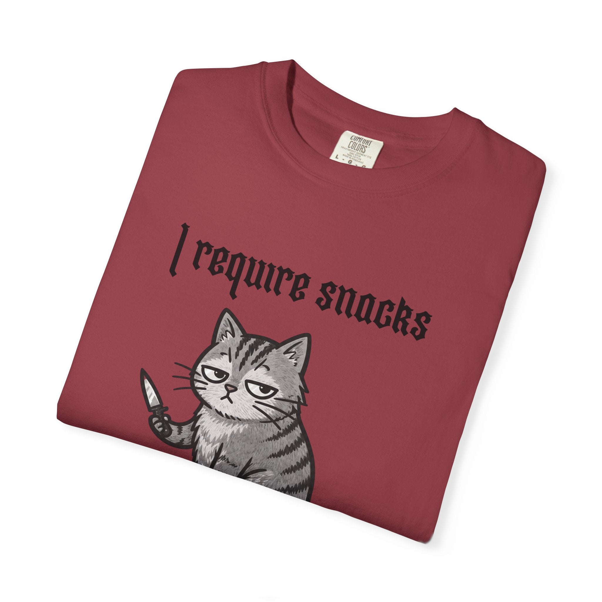 I Require Snacks Cat T‑Shirt — Cute Grumpy Kitty Graphic Tee