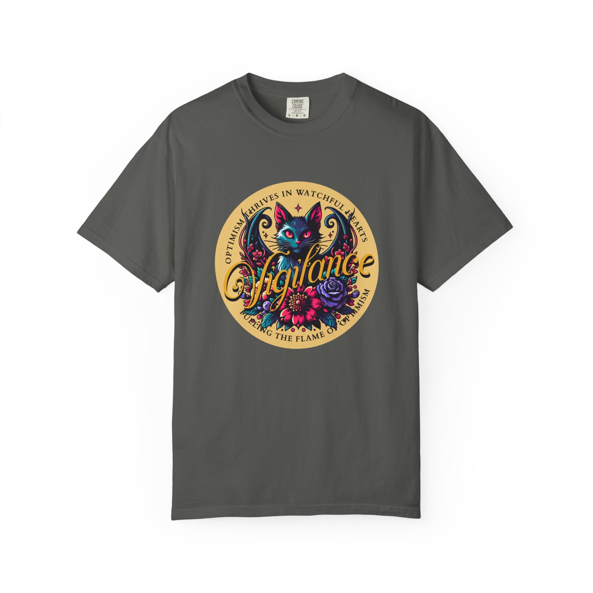 Vigilance Cat Graphic T-Shirt — Retro Floral Crest Tee