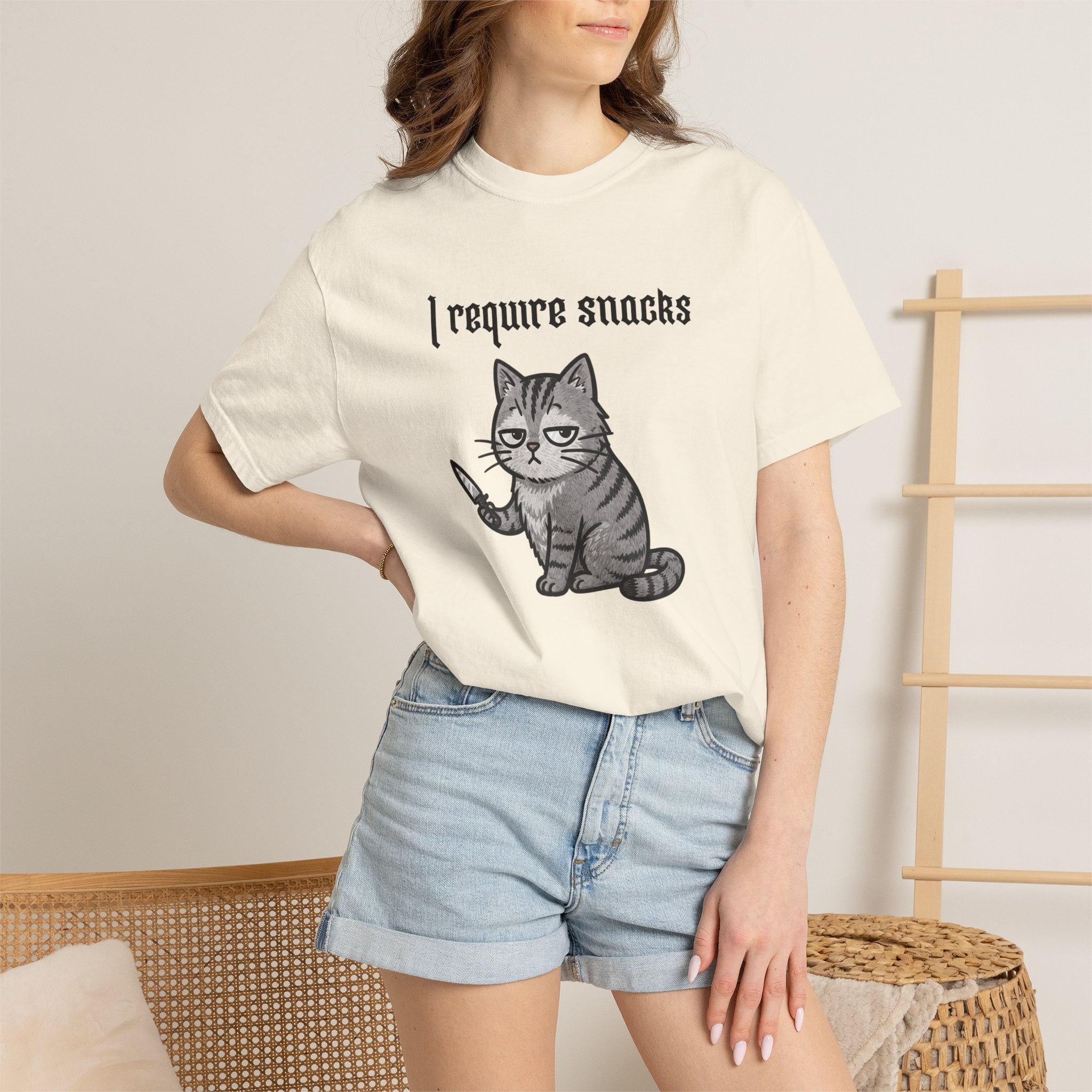 I Require Snacks Cat T‑Shirt — Cute Grumpy Kitty Graphic Tee