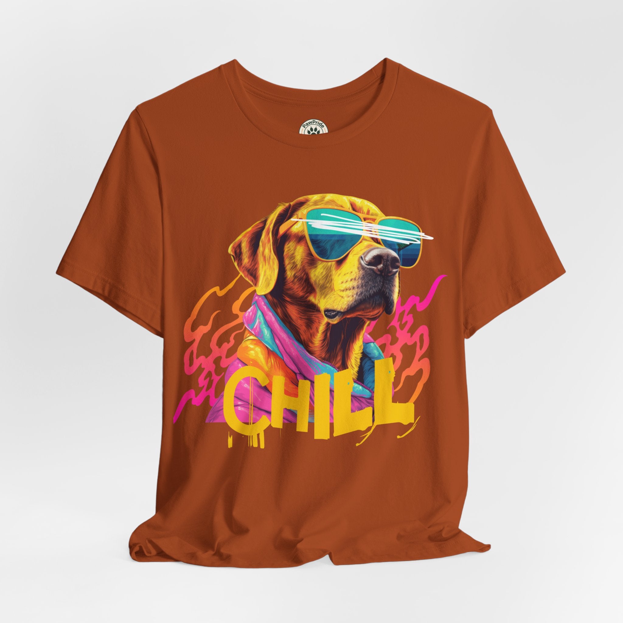 Chill Sunglasses Dog Tee — Retro Neon “CHILL” Graphic T-Shirt