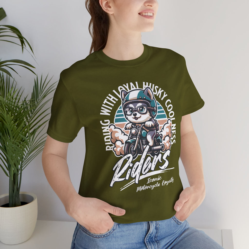 Riders Cat Motorcycle Tee — "Riding With Loyal Husky Coolness" Graphic Shirt